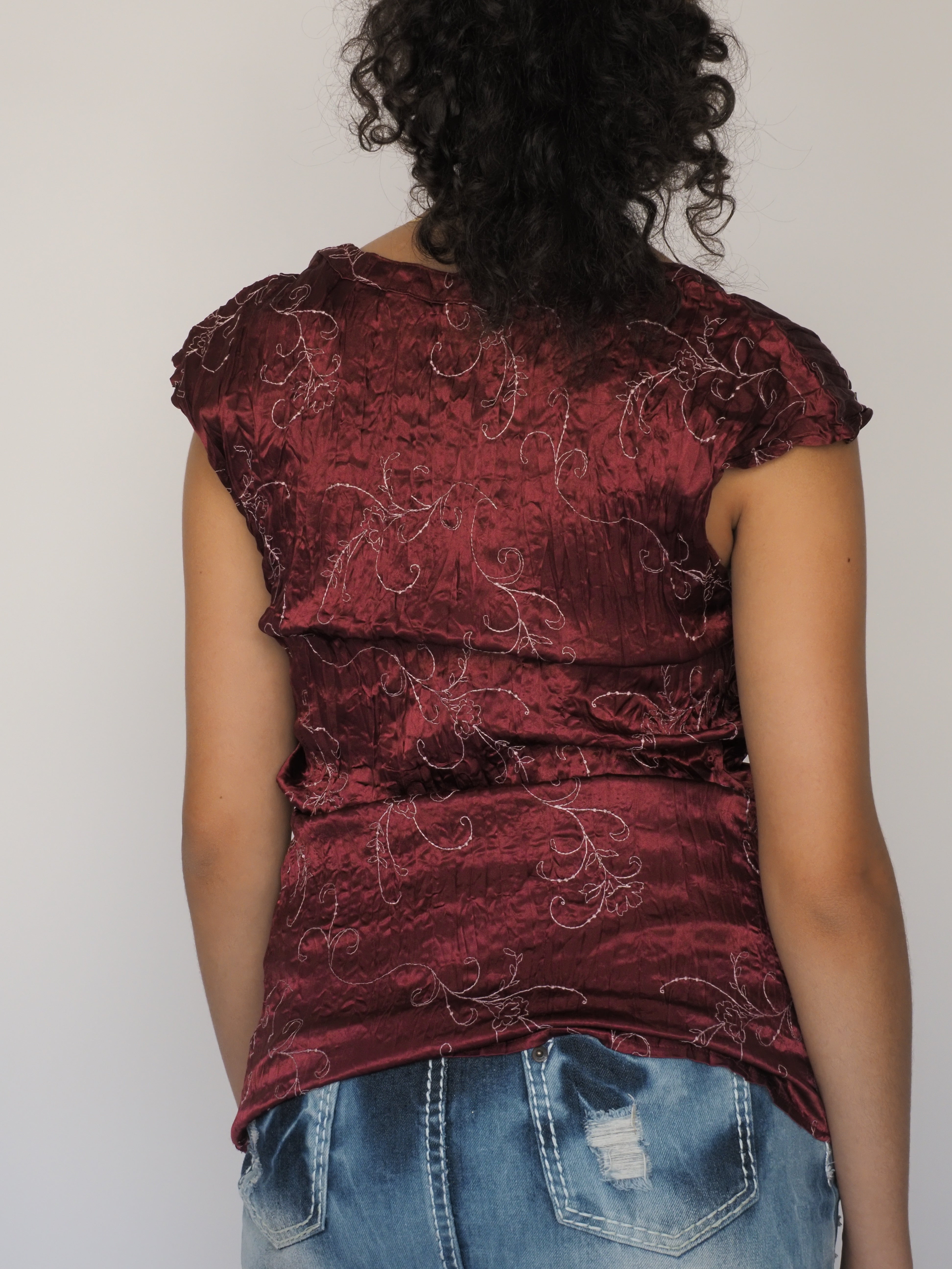 Burgundy Crinkle Wrap Top with Silver Embroidery
