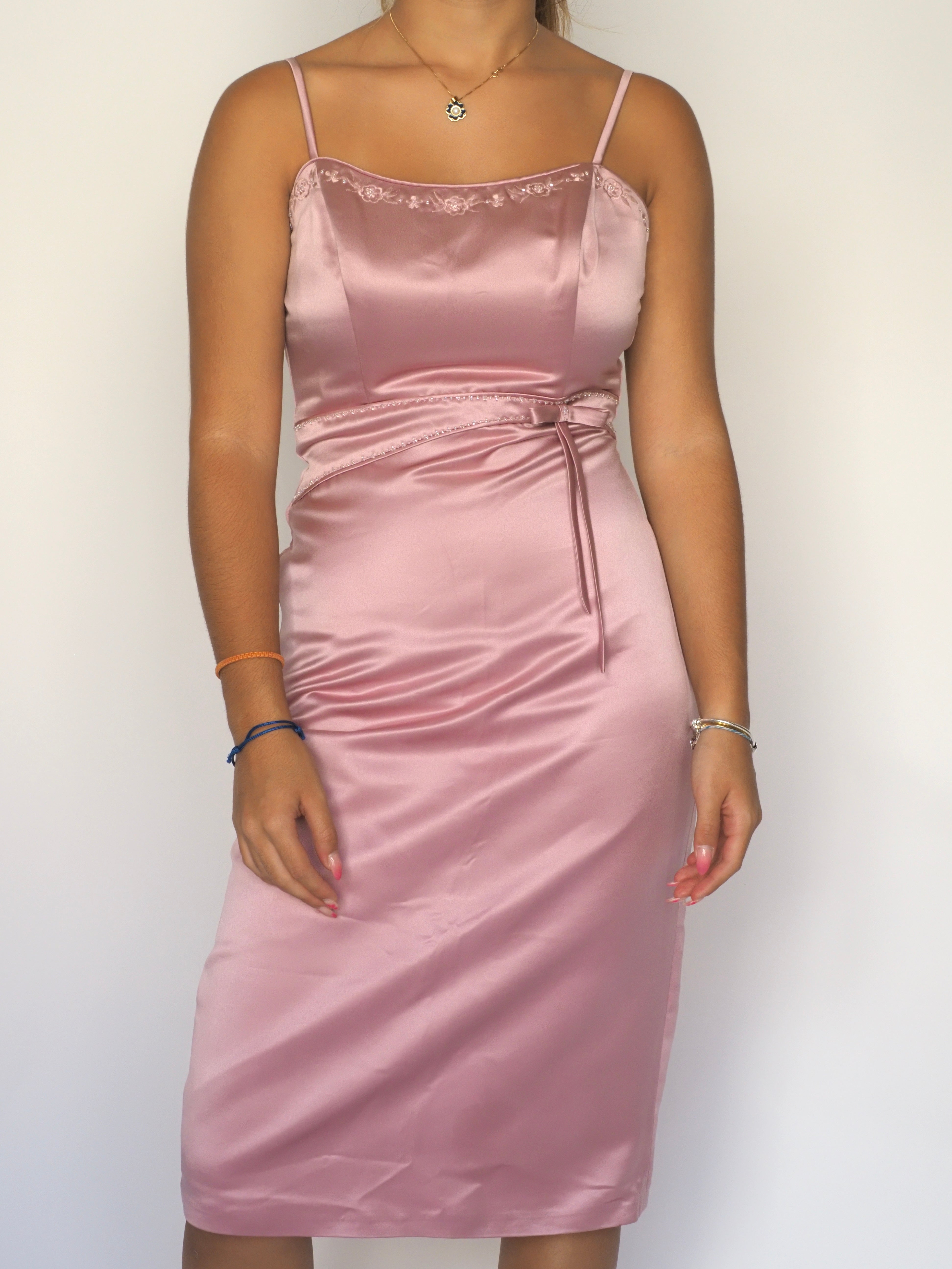 Blush Pink Satin Midi Dress with Embroidered Necklin