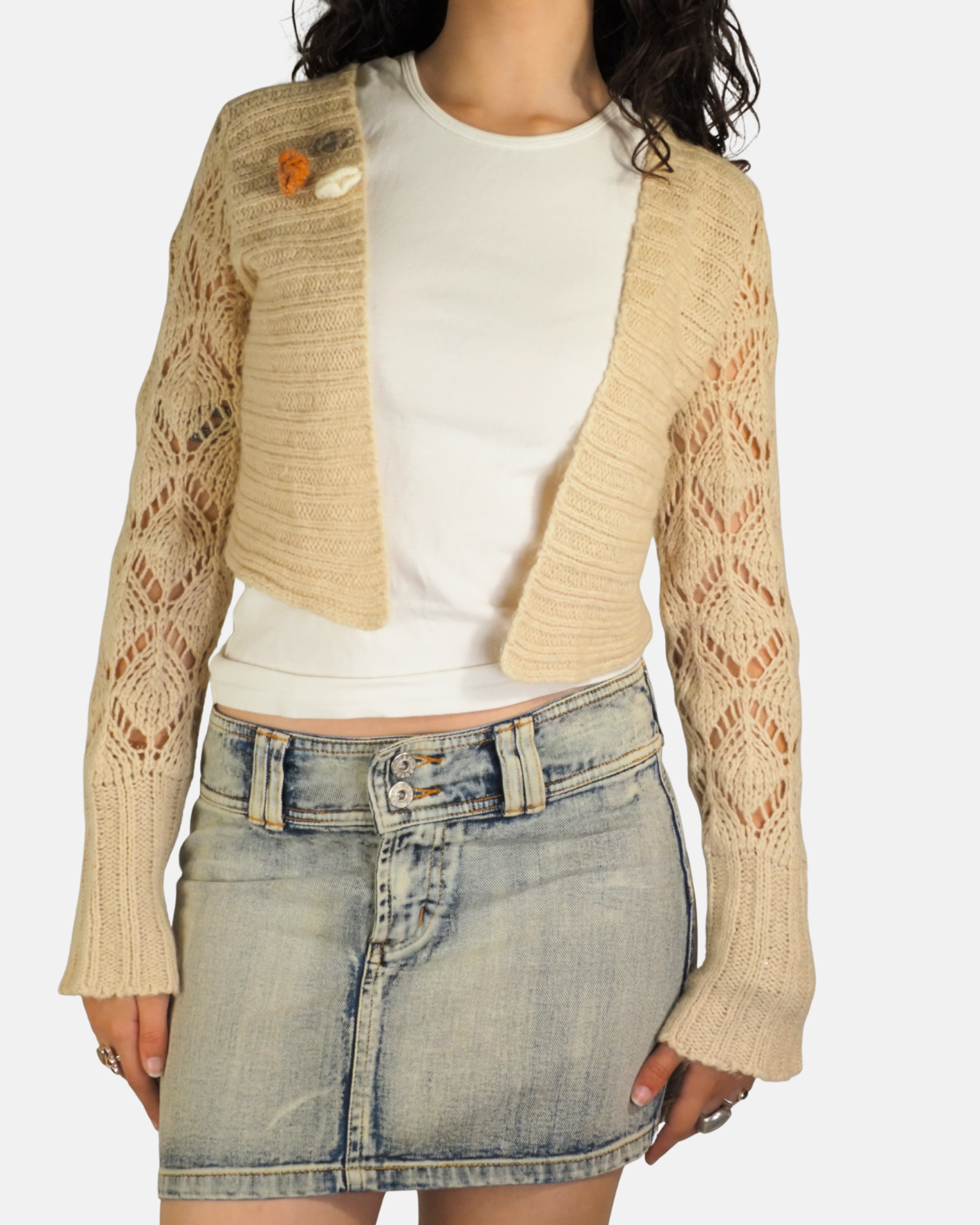 Y2K Cream Crochet Bell Sleeve Bolero - SP