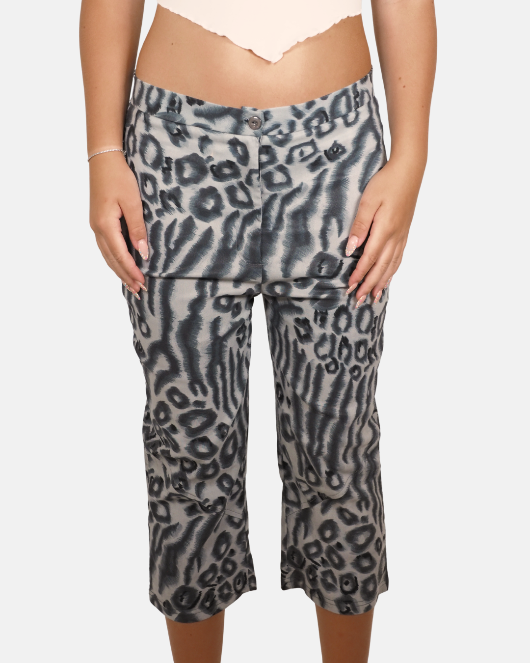 Grey Animal Print Cargo Capri Trousers - Vibe