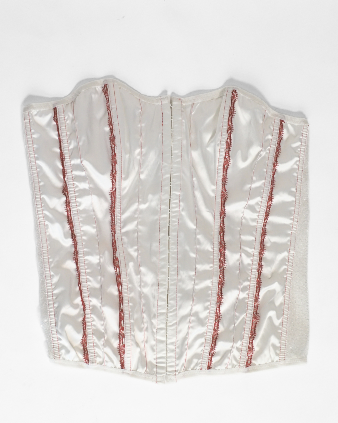 Ivory Satin Corset Top with Red Lace Panel Detailing