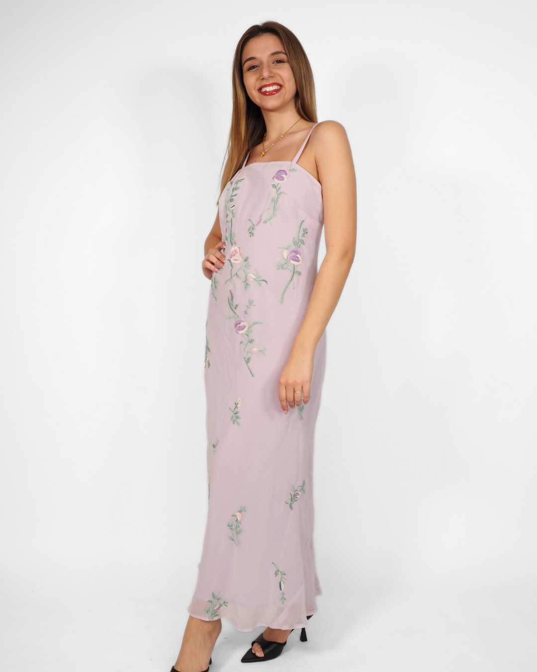 Ethereal Vintage Collection Lilac Fairy Maxi Dress with Embroidered Flowers