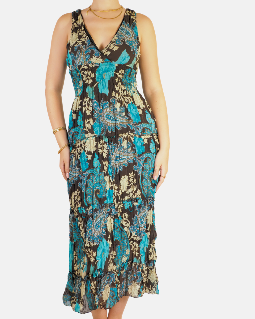 Turquoise Paisley Shirred Maxi Dress - G&Y