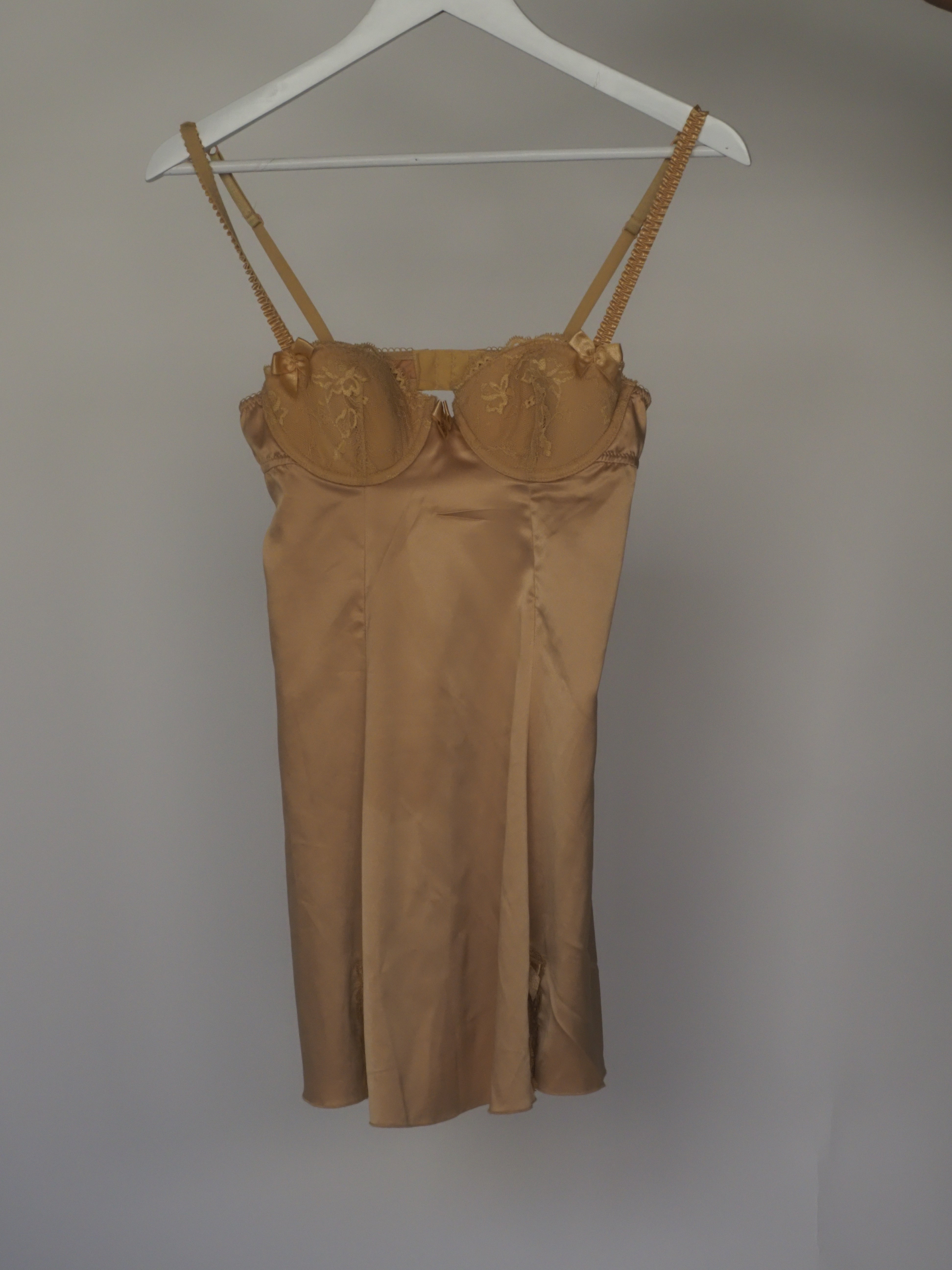 Vintage Gold Satin & Lace Underwire Slip Dress Lingerie