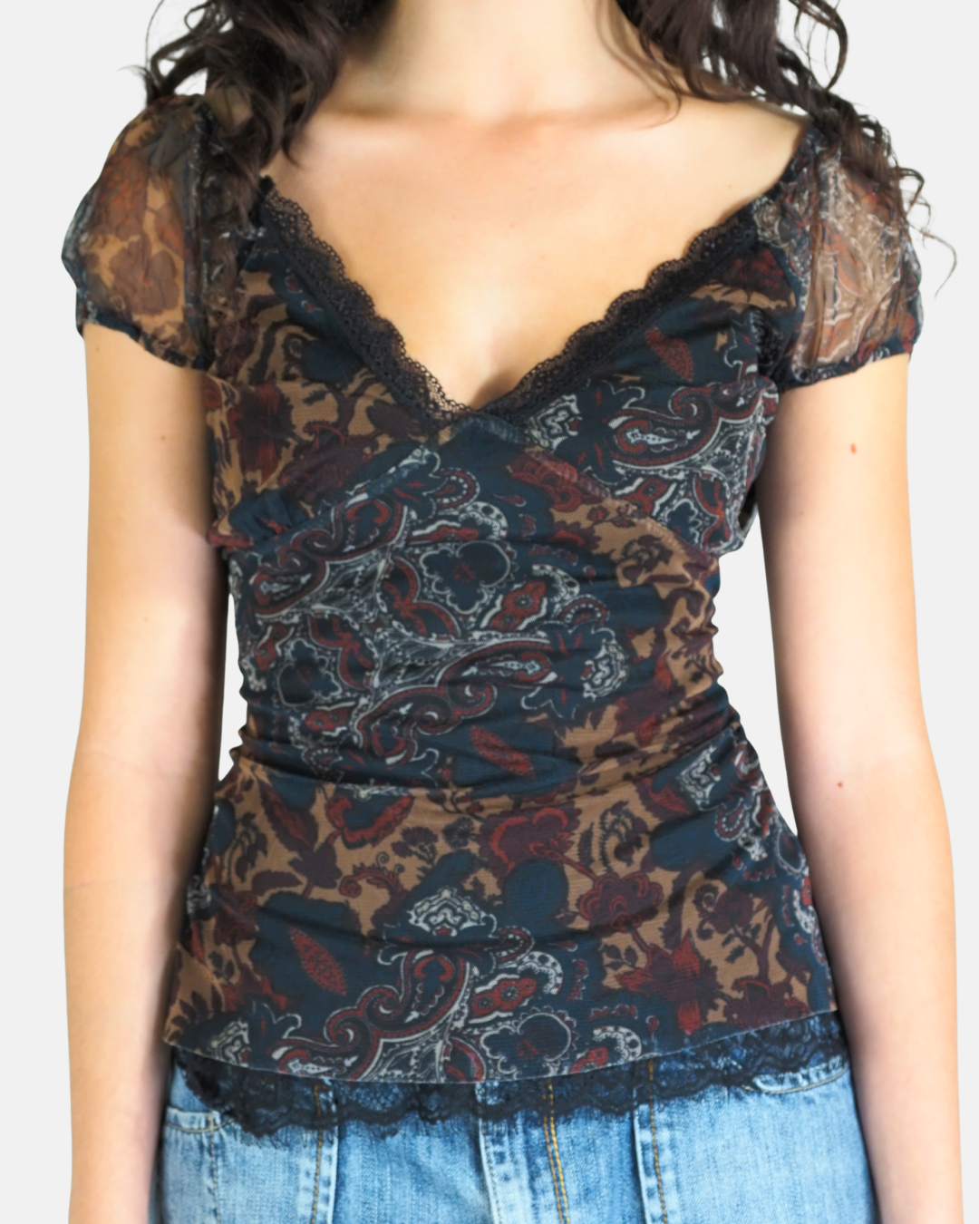 Brown & Navy Paisley Lace Mesh Top - Akè