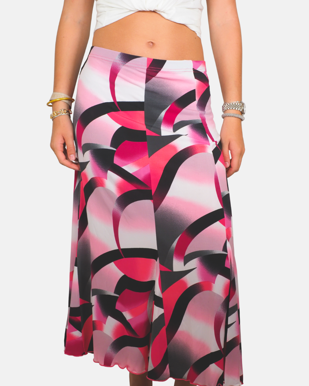 Pink Abstract Print Flared Midi Skirt