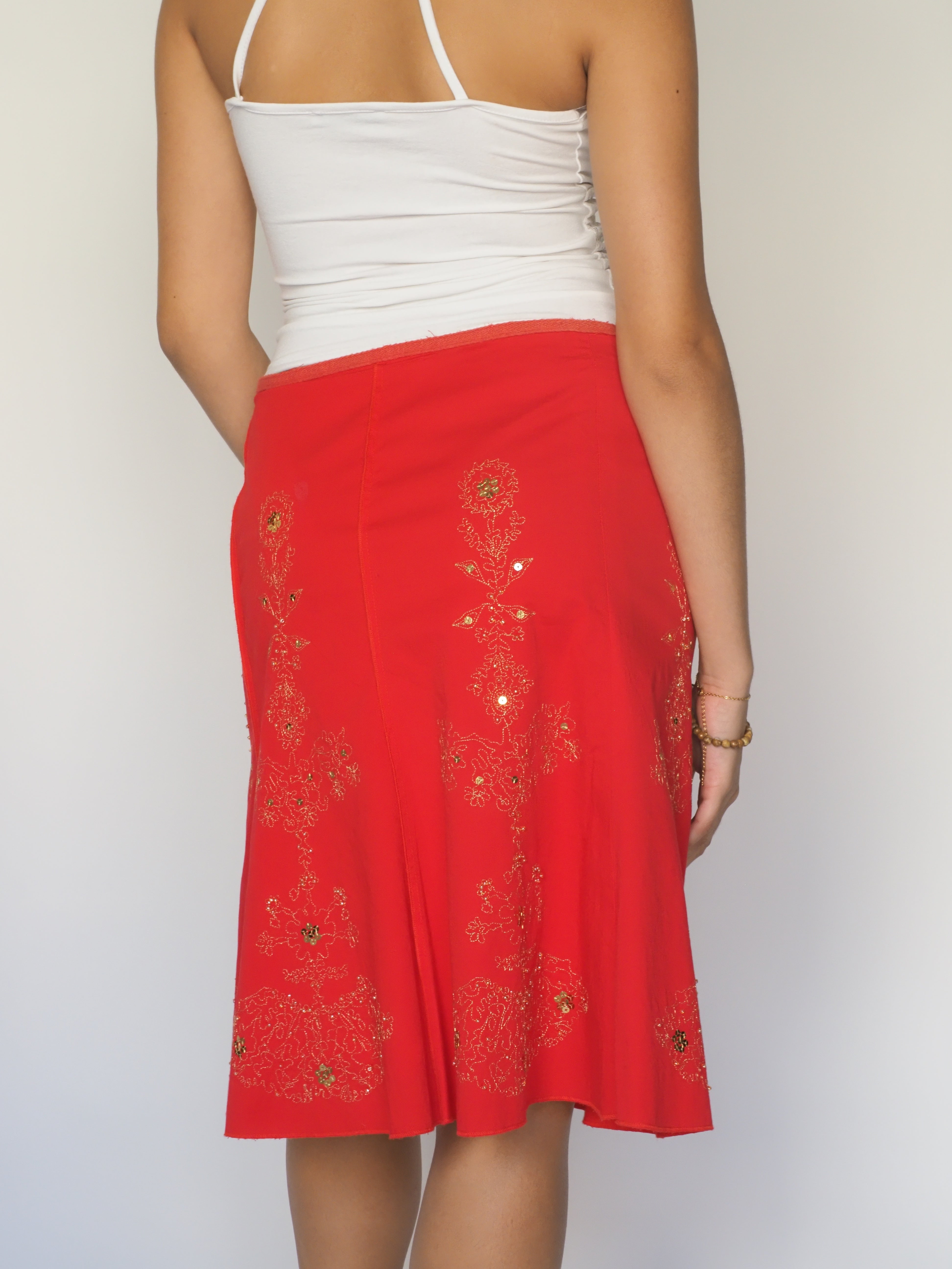 Red Embroidered A-Line Skirt with Gold Sequins – Tanna