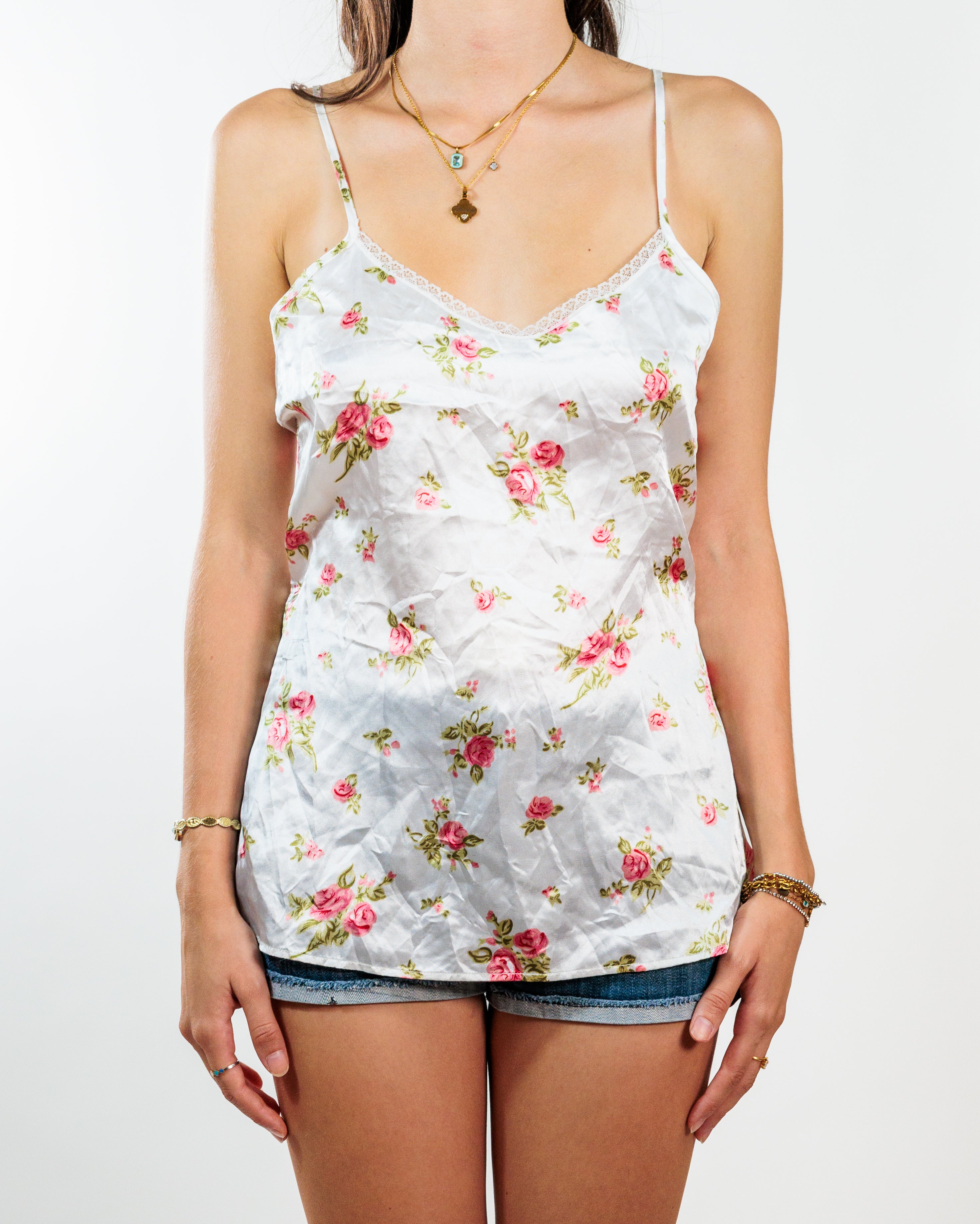 White Rose Print Satin Camisole