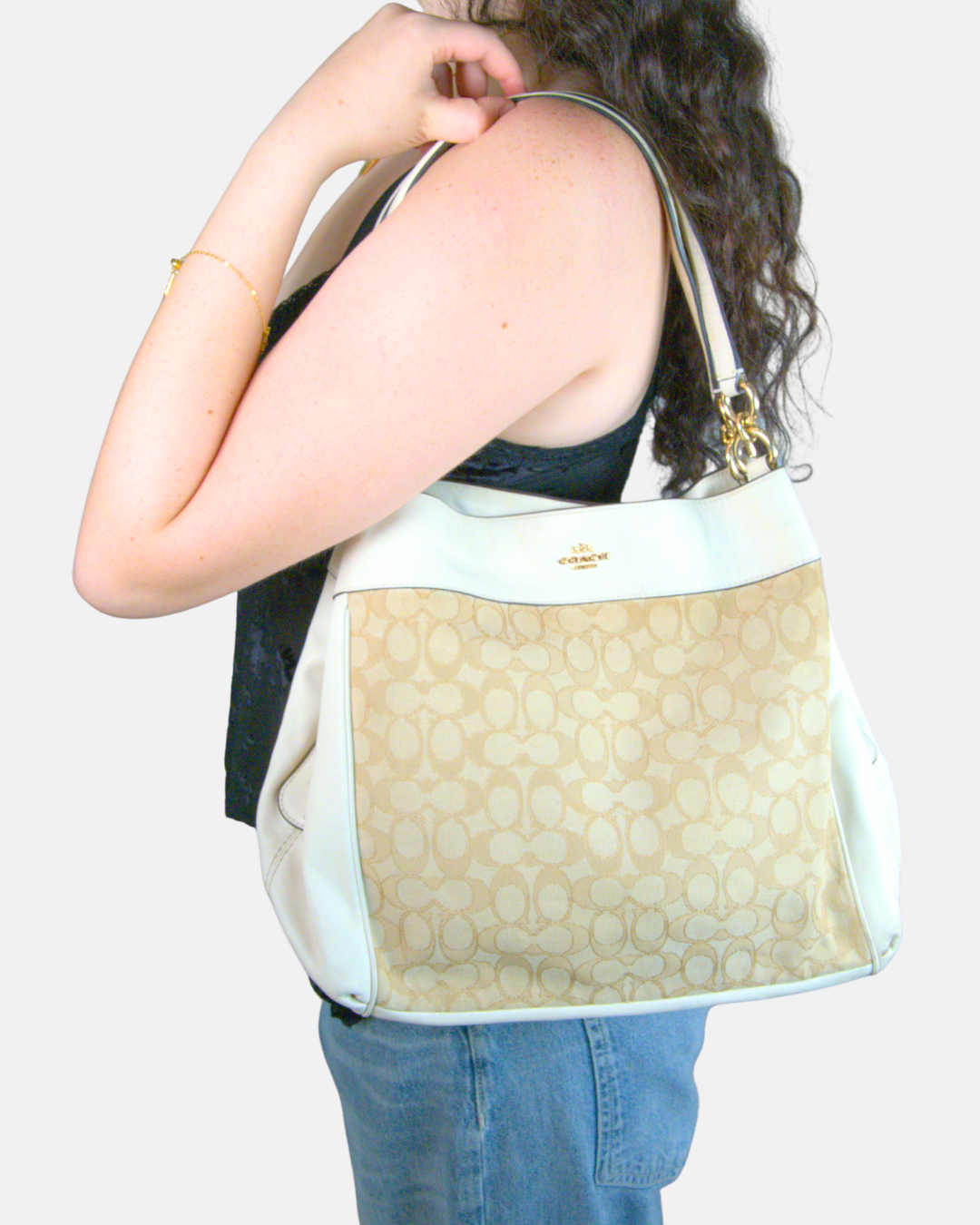 Coach Ivory Leather & Khaki Signature Canvas Convertible Satchel Crossbody Bag