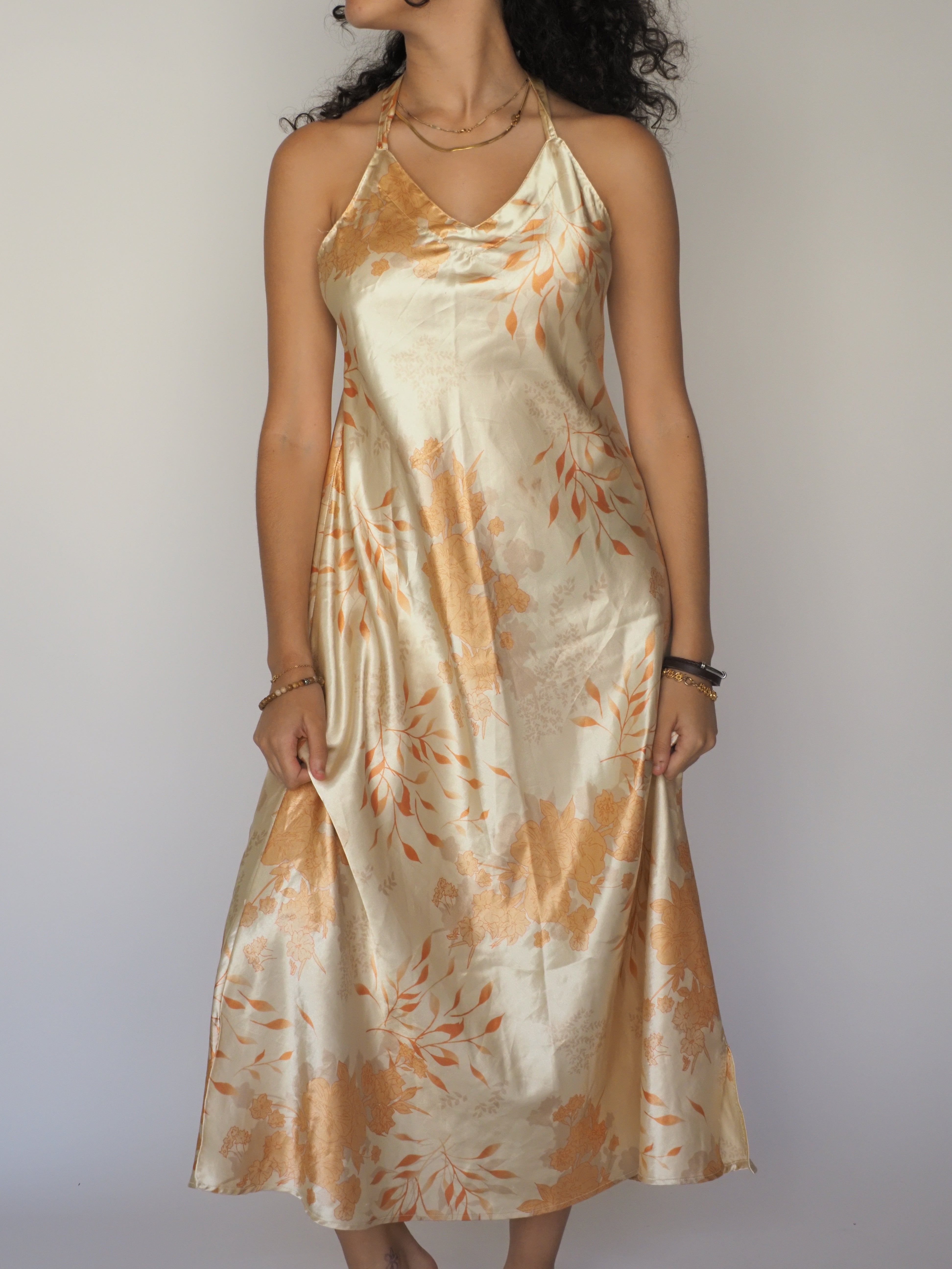 Vintage Golden Floral Satin Slip Maxi Dress