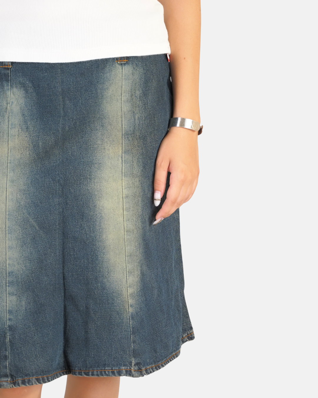 Y2K Faded Denim Midi Skirt - Slyone