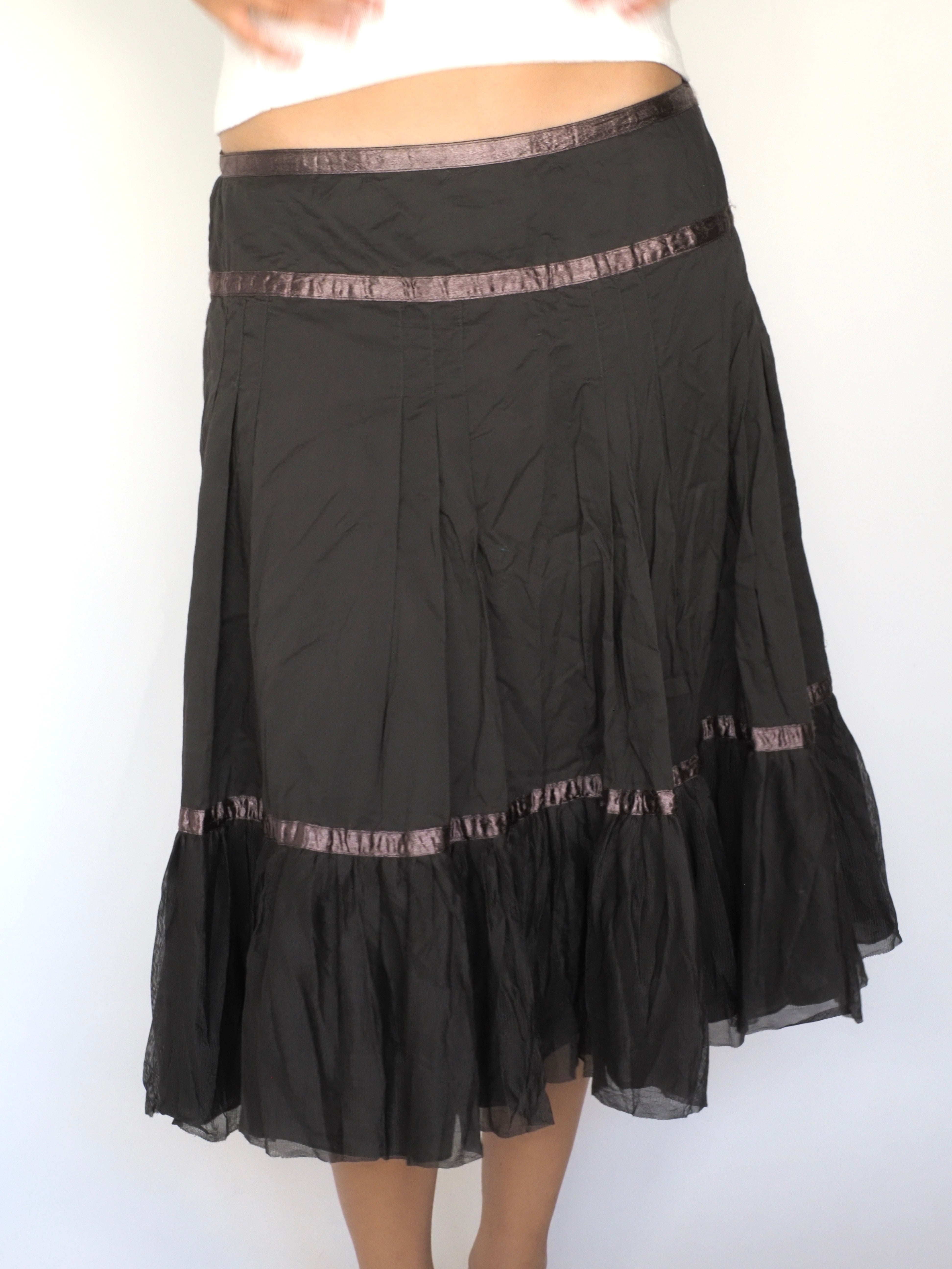 Black Ruffled Midi Skirt with Sheer Hem & Satin Ribbon Trim