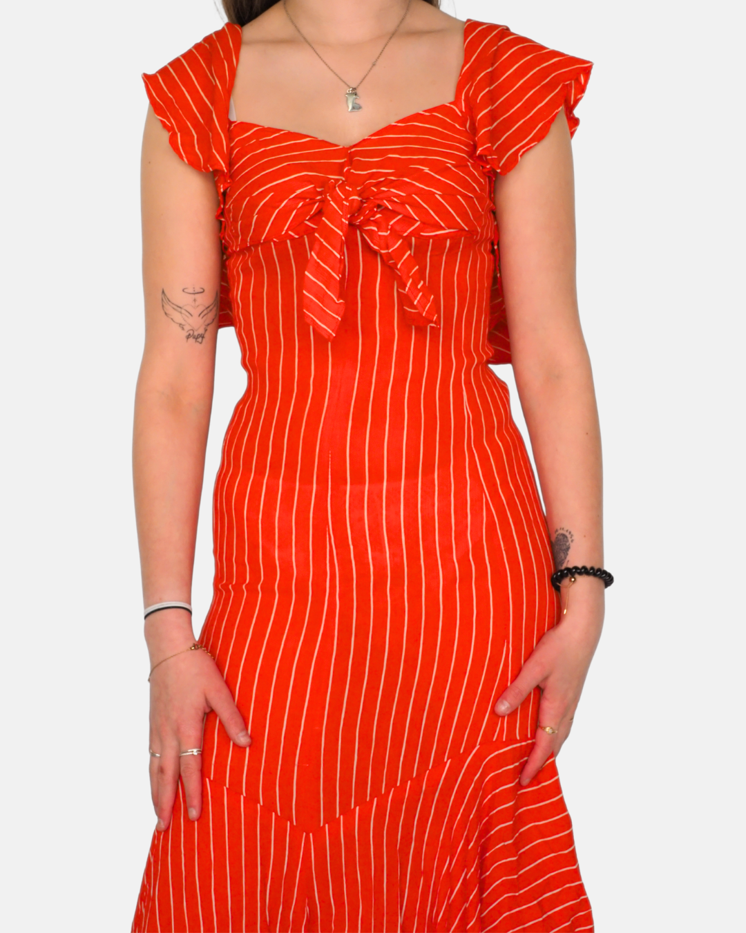 Red & White Stripe Bow Front Midi Dress