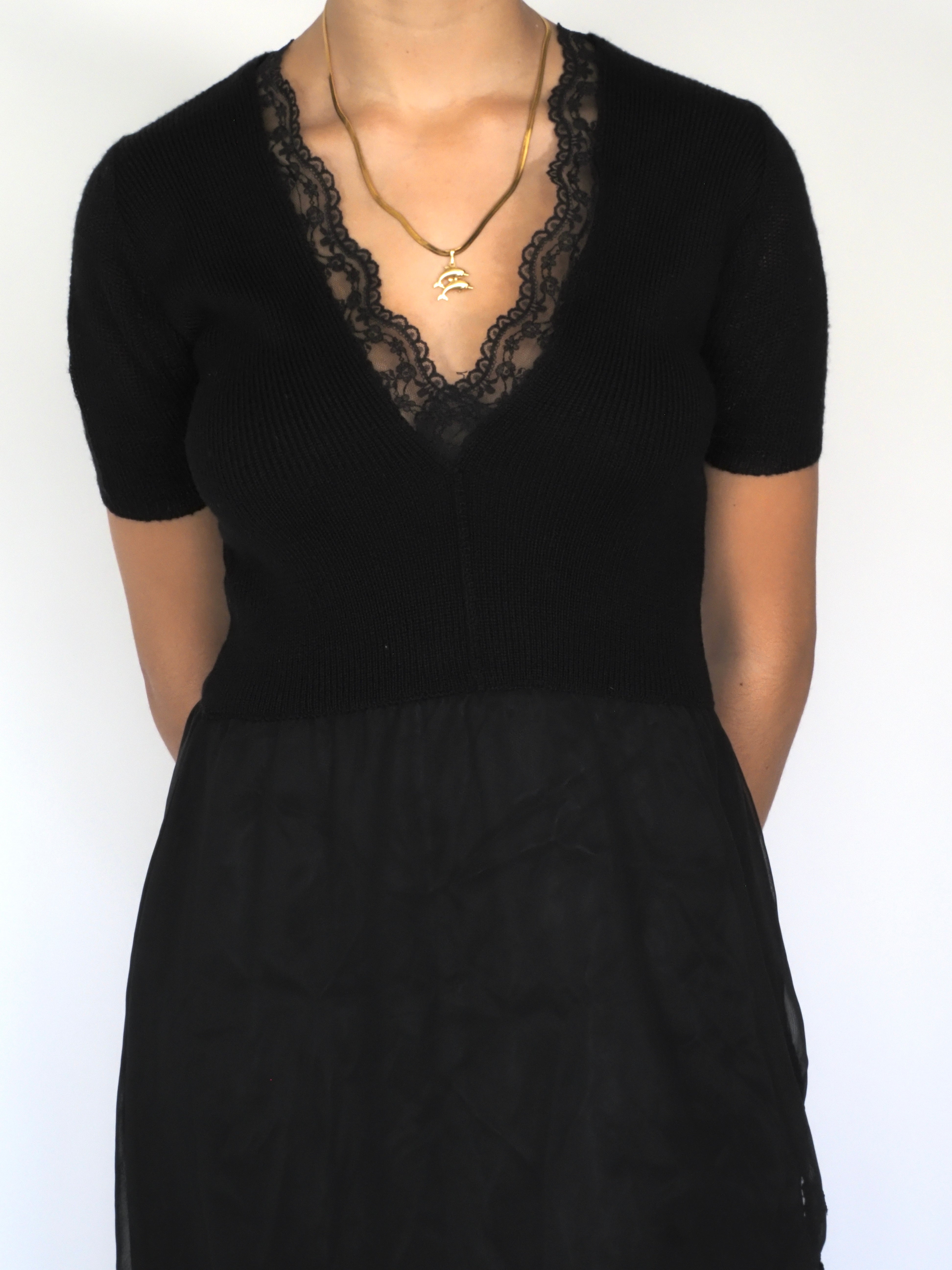Black Knit & Chiffon Contrast Dress with Lace Trim – U.S.A. Design