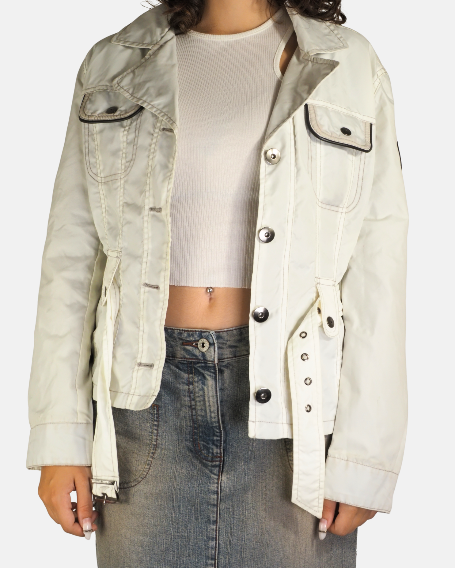 Y2K White Belted Utility Jacket - CDM TREND