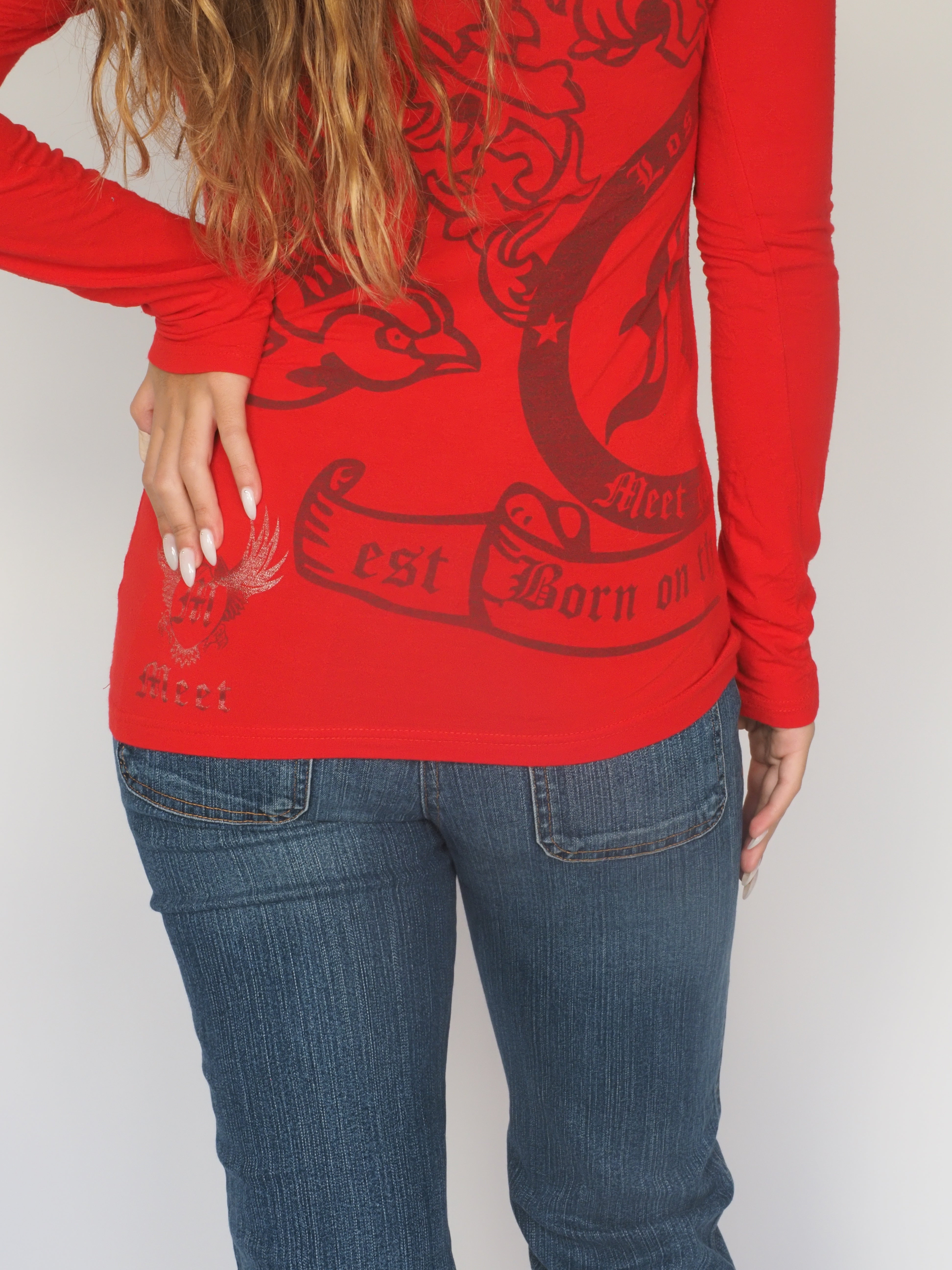 Red Graphic Long-Sleeve Top by Meet – Gothic Y2K Print