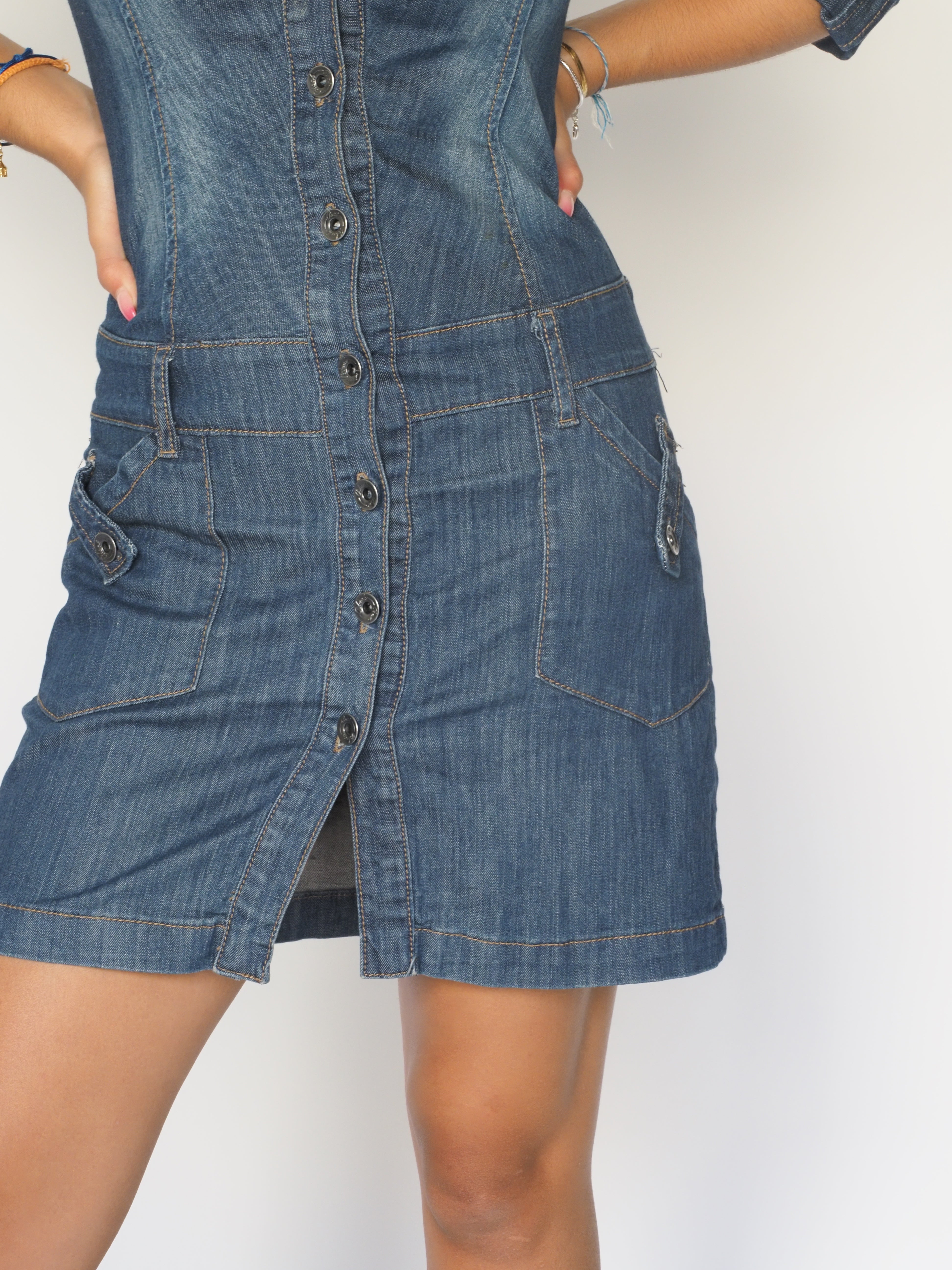 Y2K Fitted Denim Shirt Dress with Utility Pockets – Black Bat