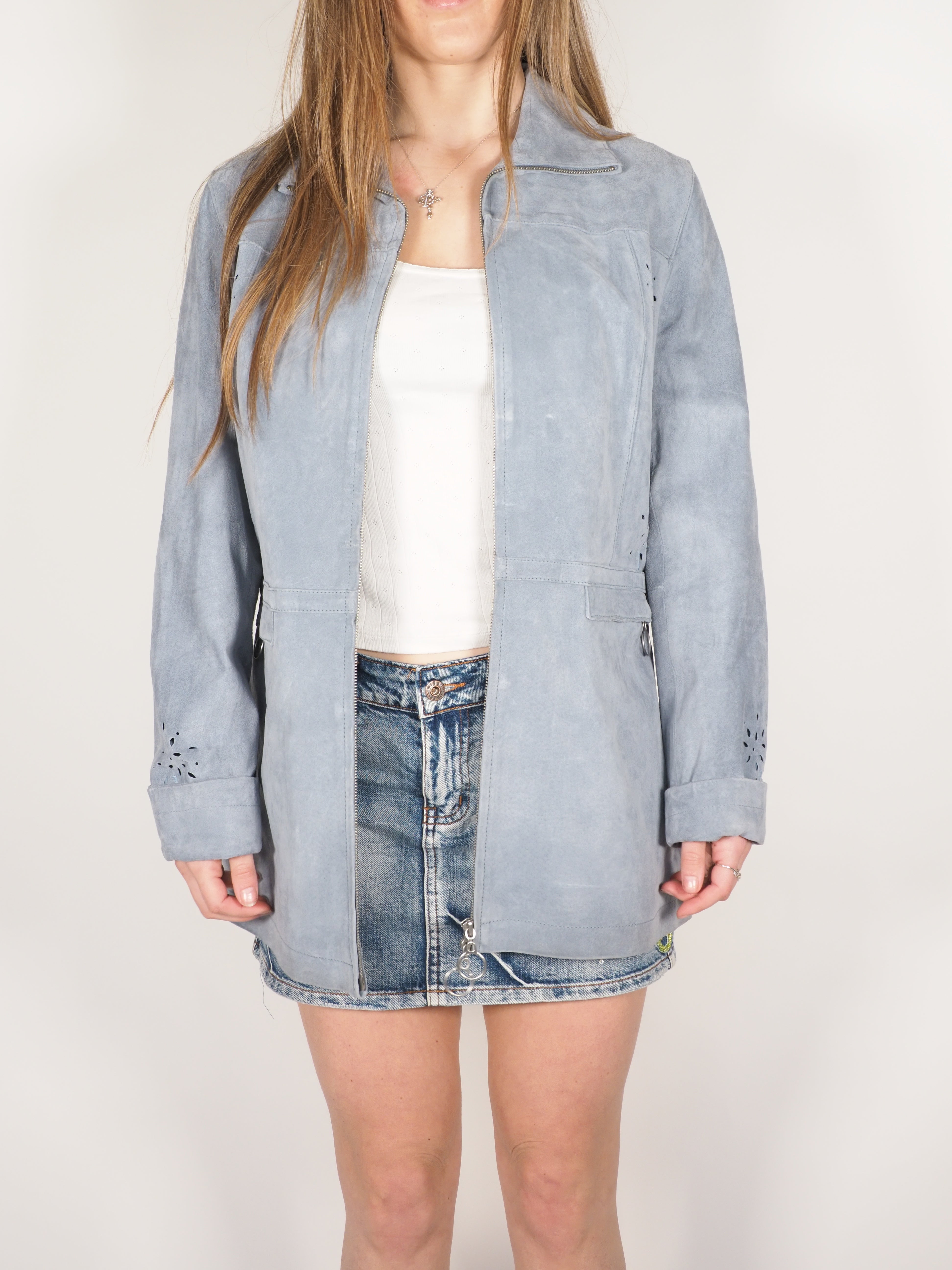 Powder Blue Suede Minimalist Longline Jacket