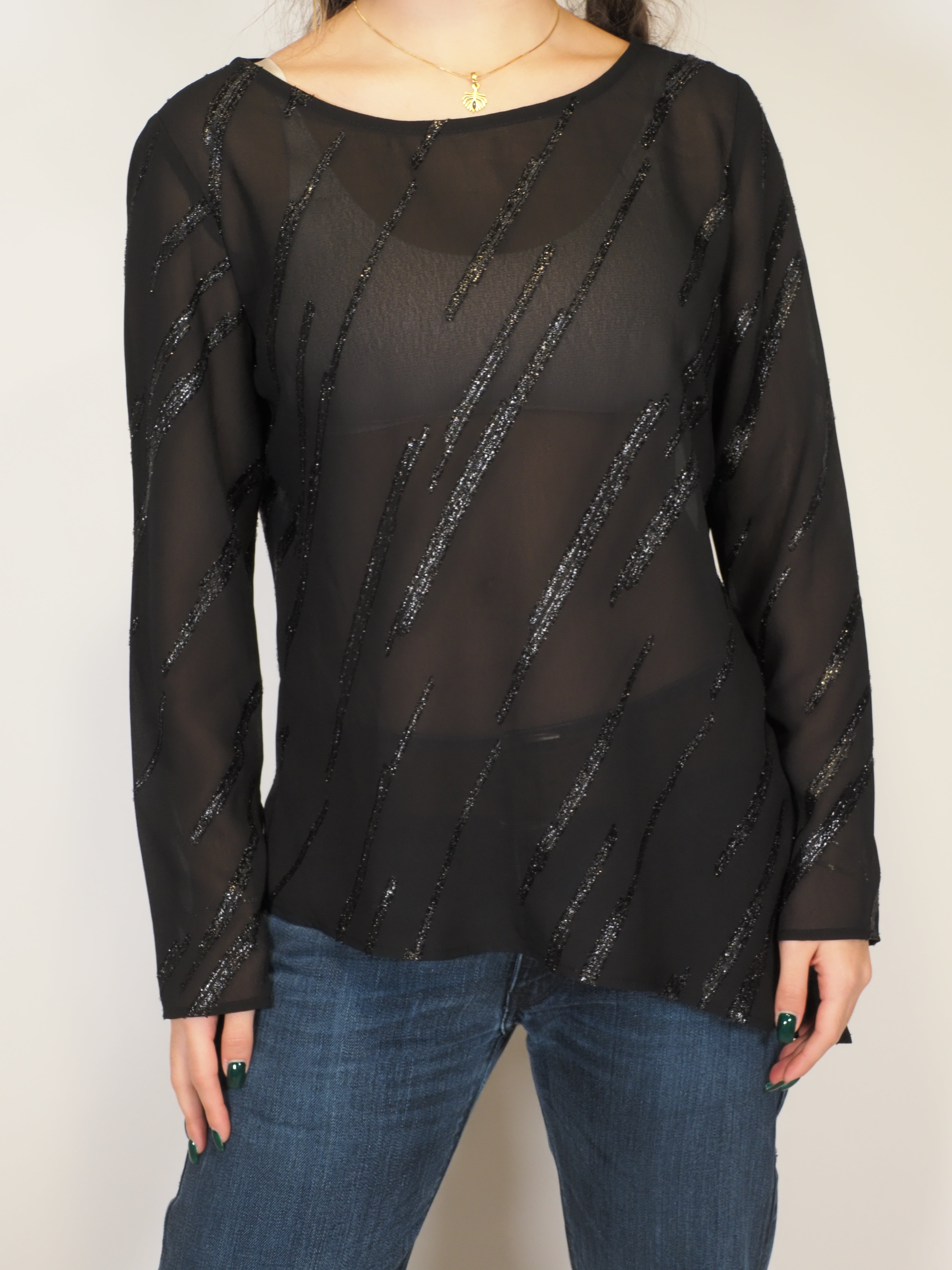 Black Sheer Sparkle Long-Sleeve Top – Frank Lyman