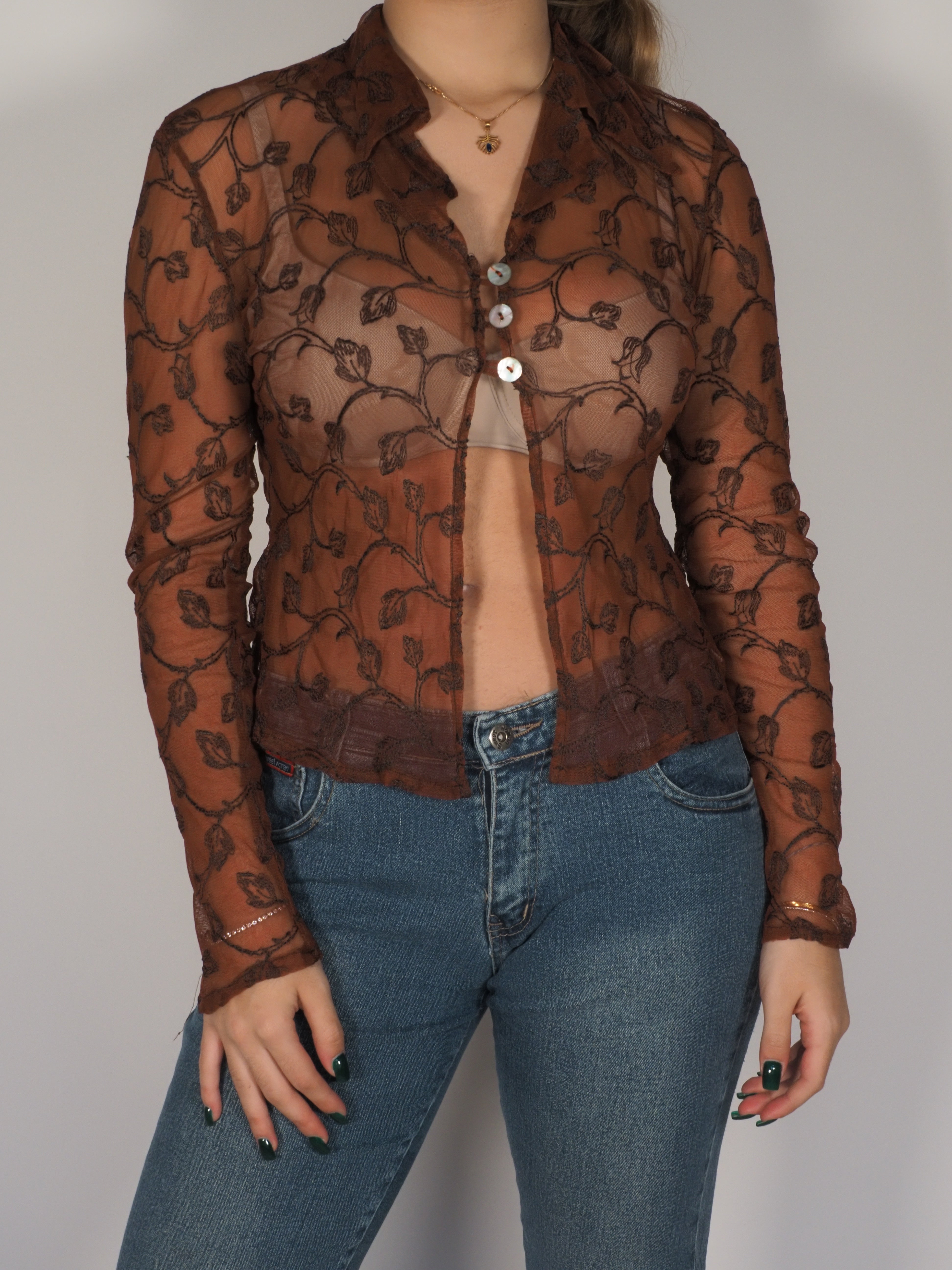 Sheer Burgundy Floral Mesh Button-Up — Pinko