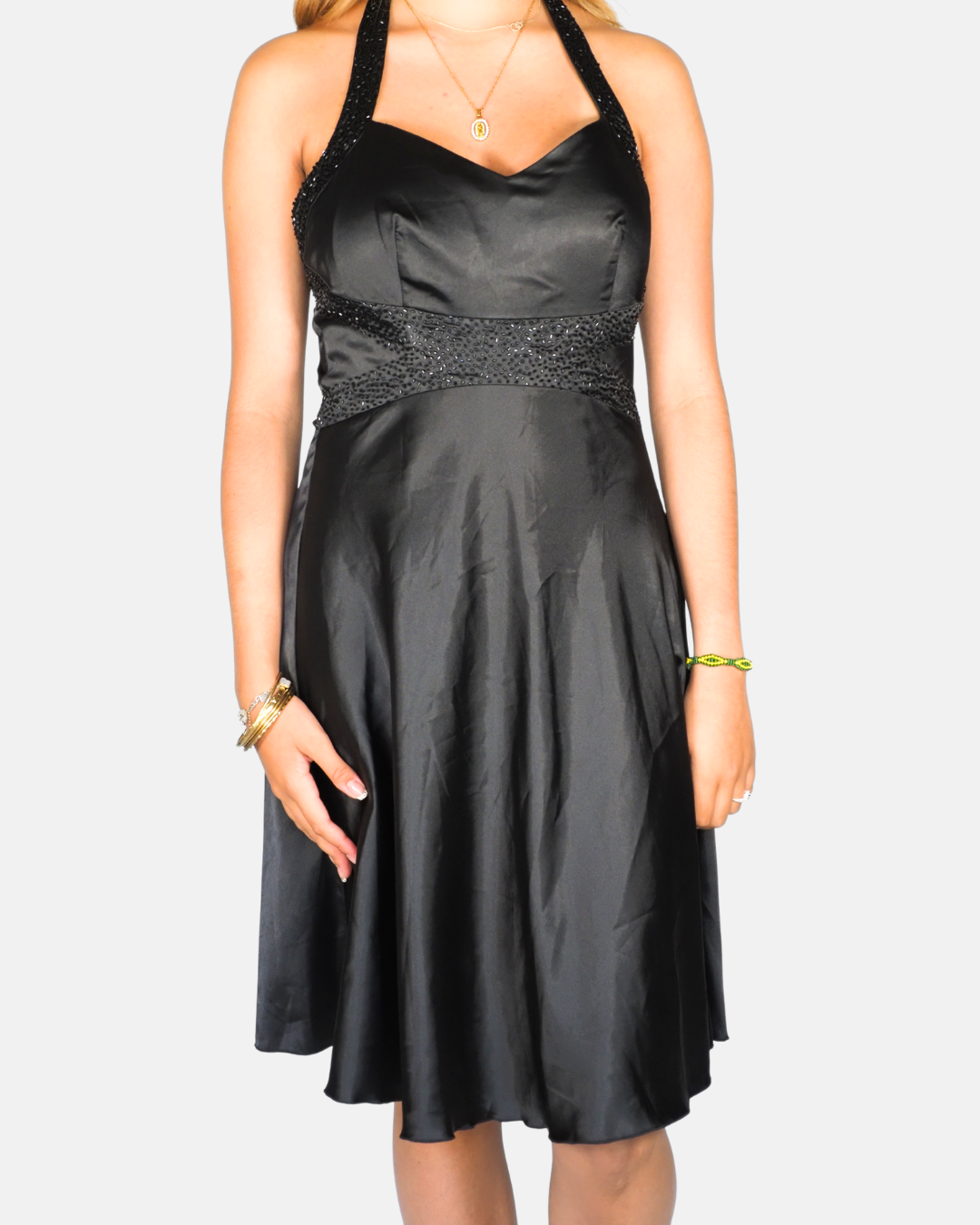 Vintage Noir Satin Halter Cocktail Dress