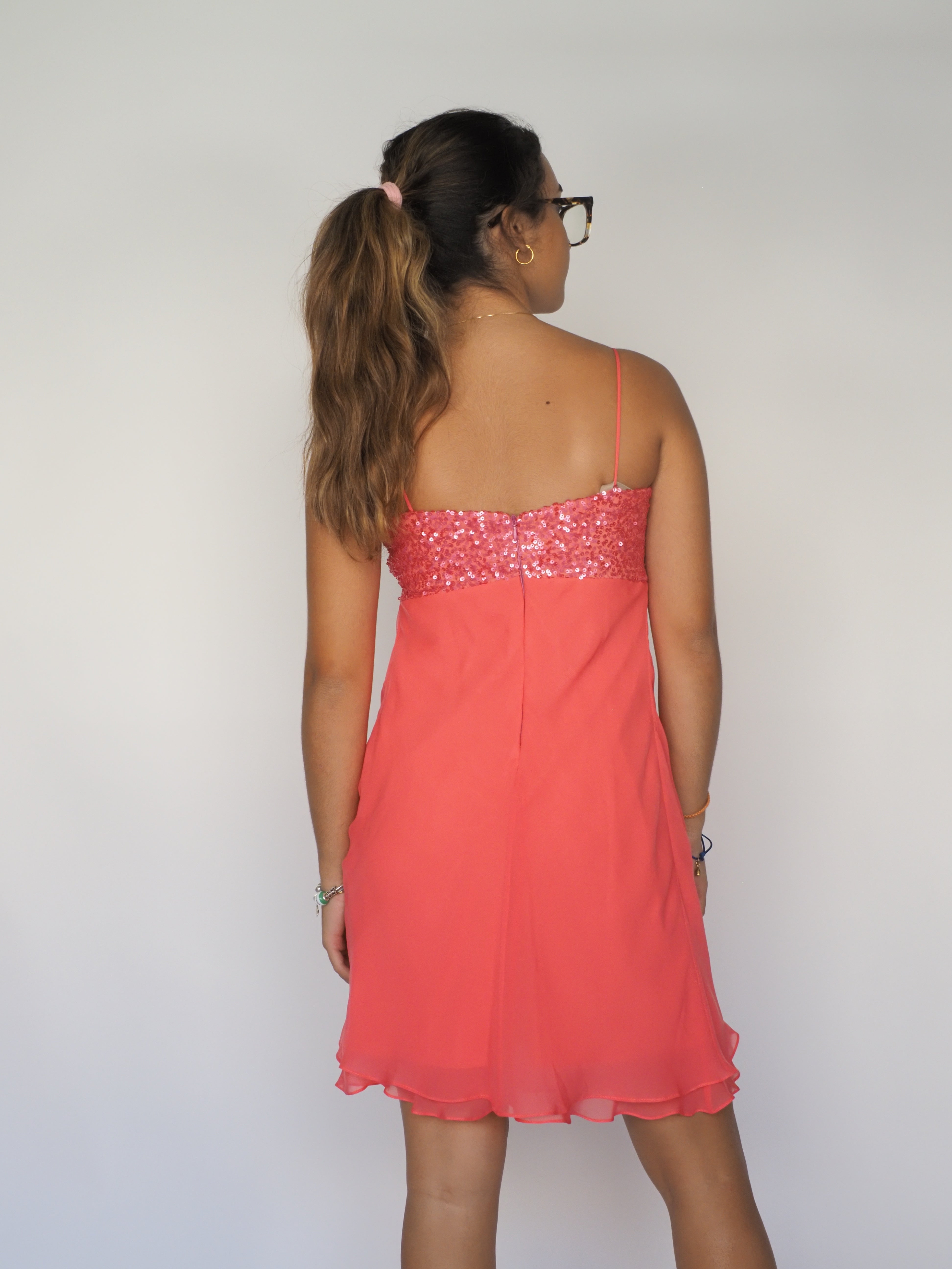 Coral Chiffon Sequin-Bodice Mini Dress