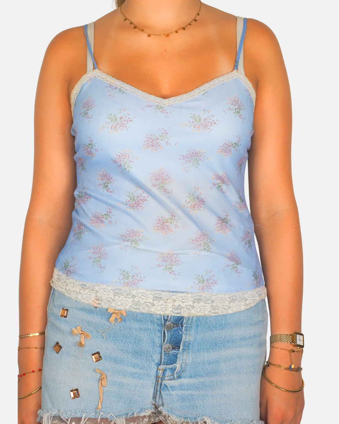 Blue Floral Lace Trim Cami by ANDISSTION