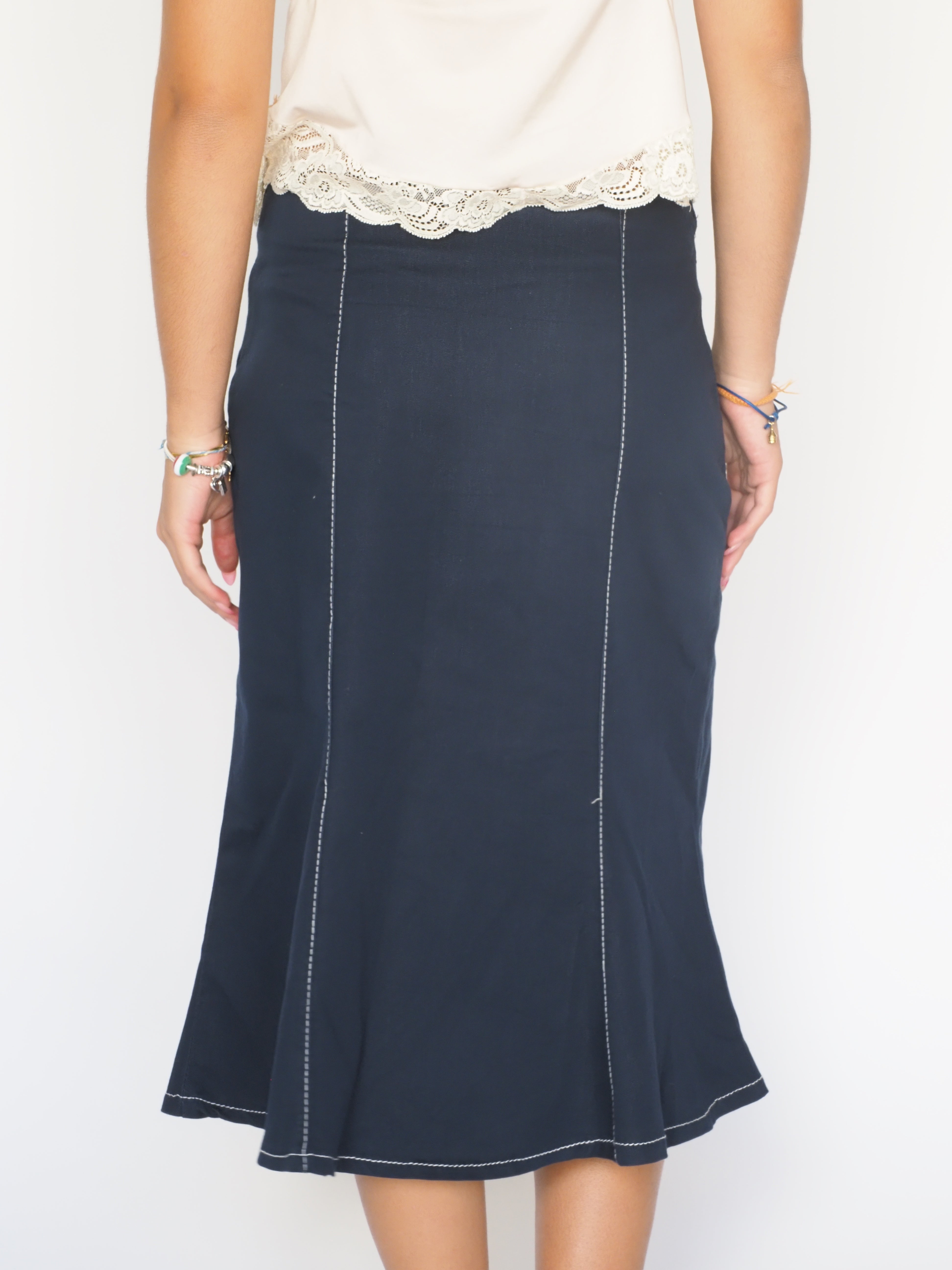 Navy Contrast Stitch Midi Skirt