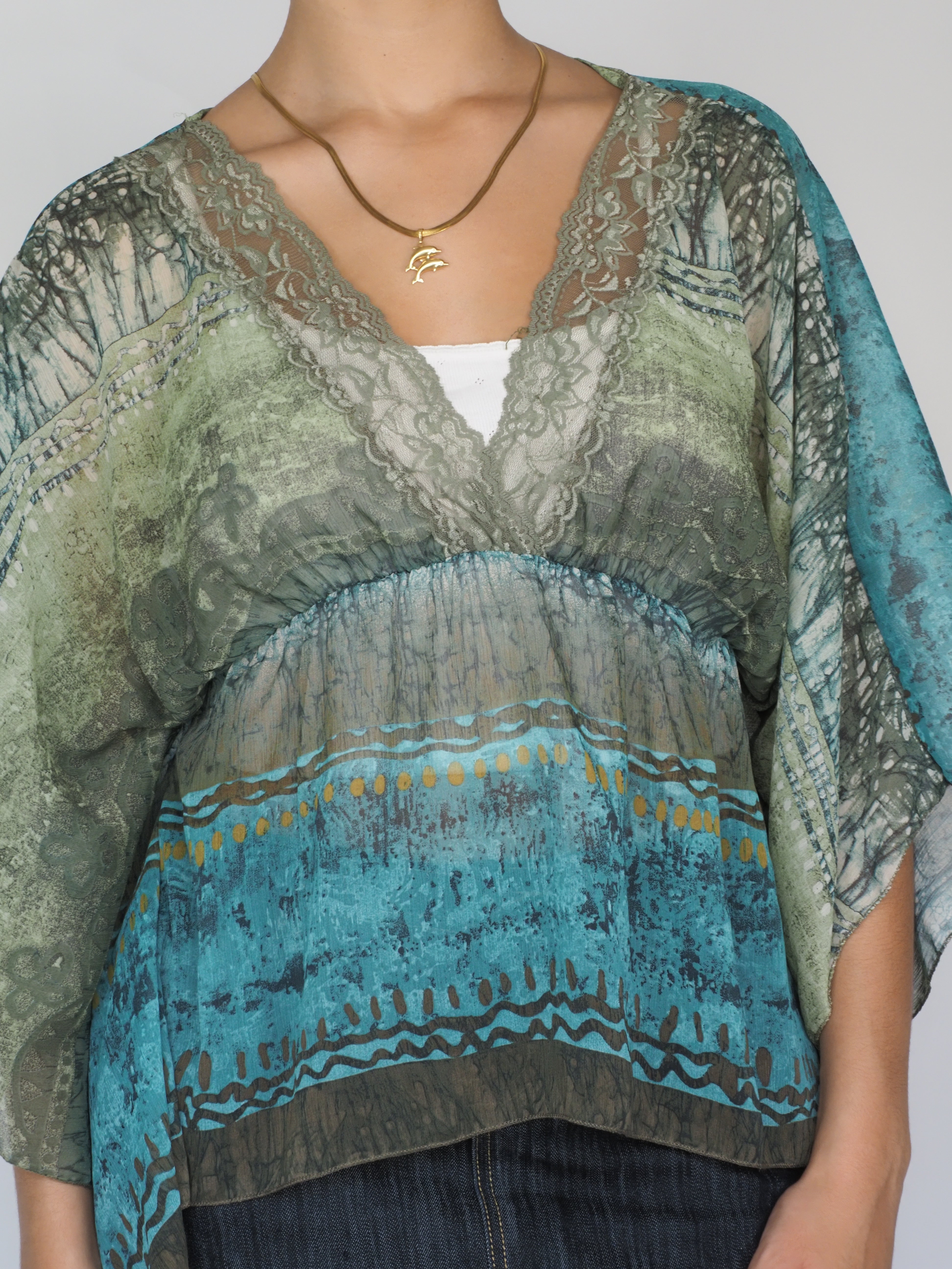 Sheer Boho Batwing Blouse in Teal & Forest Green
