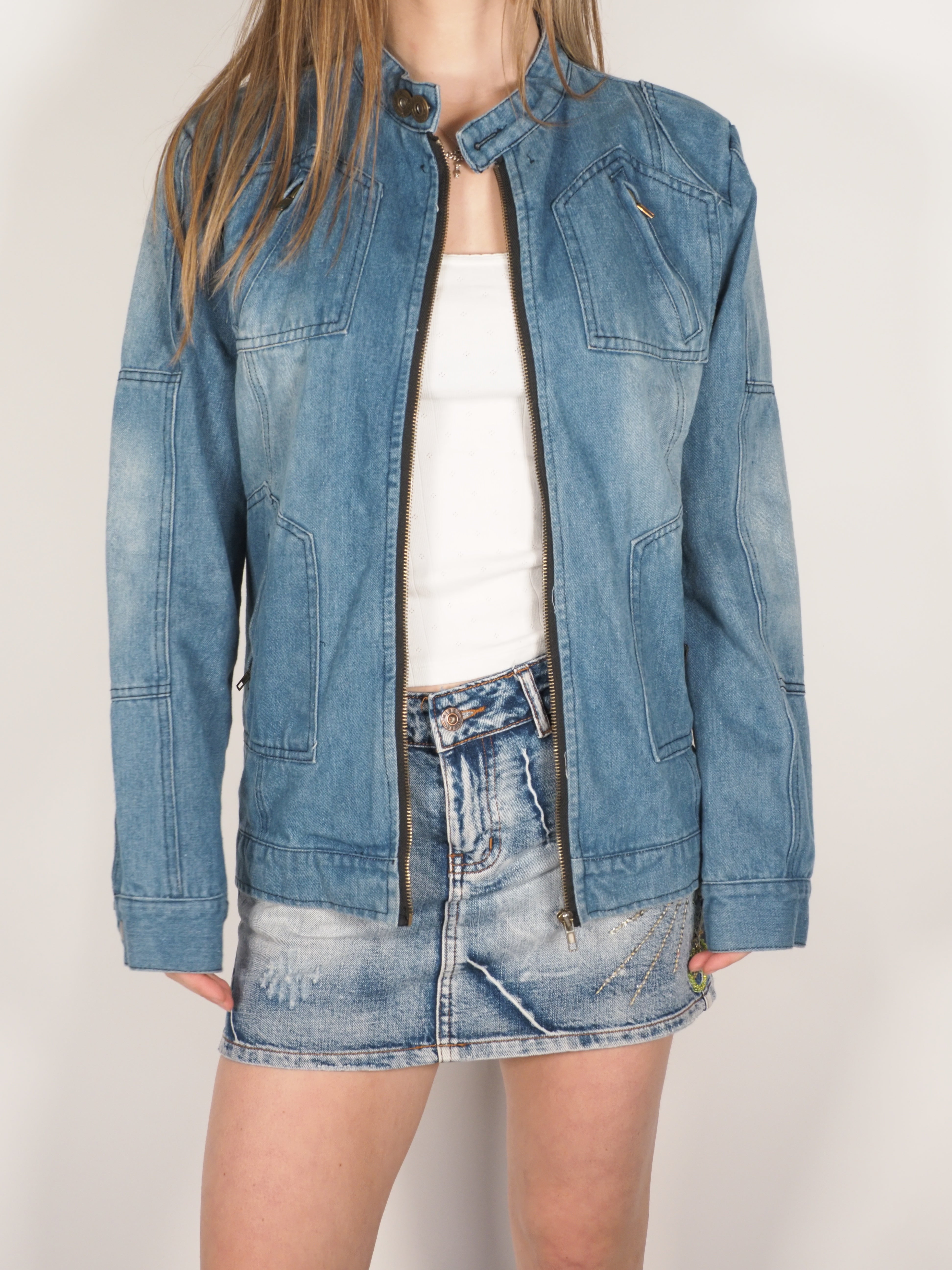 Y2K Tia Bing Zip-Up Denim Jacket with Stand Collar