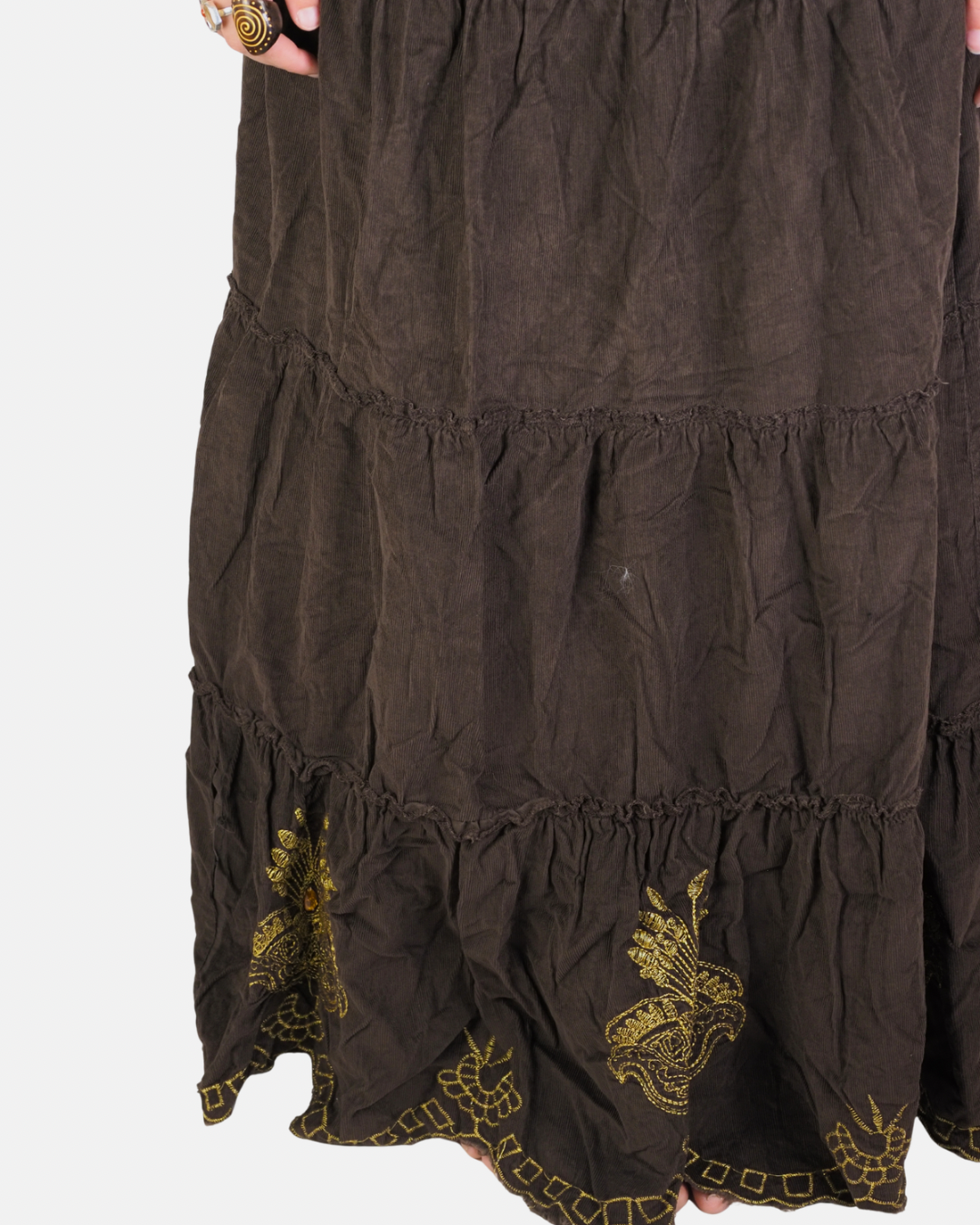 Y2K Brown Embroidered Boho Tiered Maxi Skirt