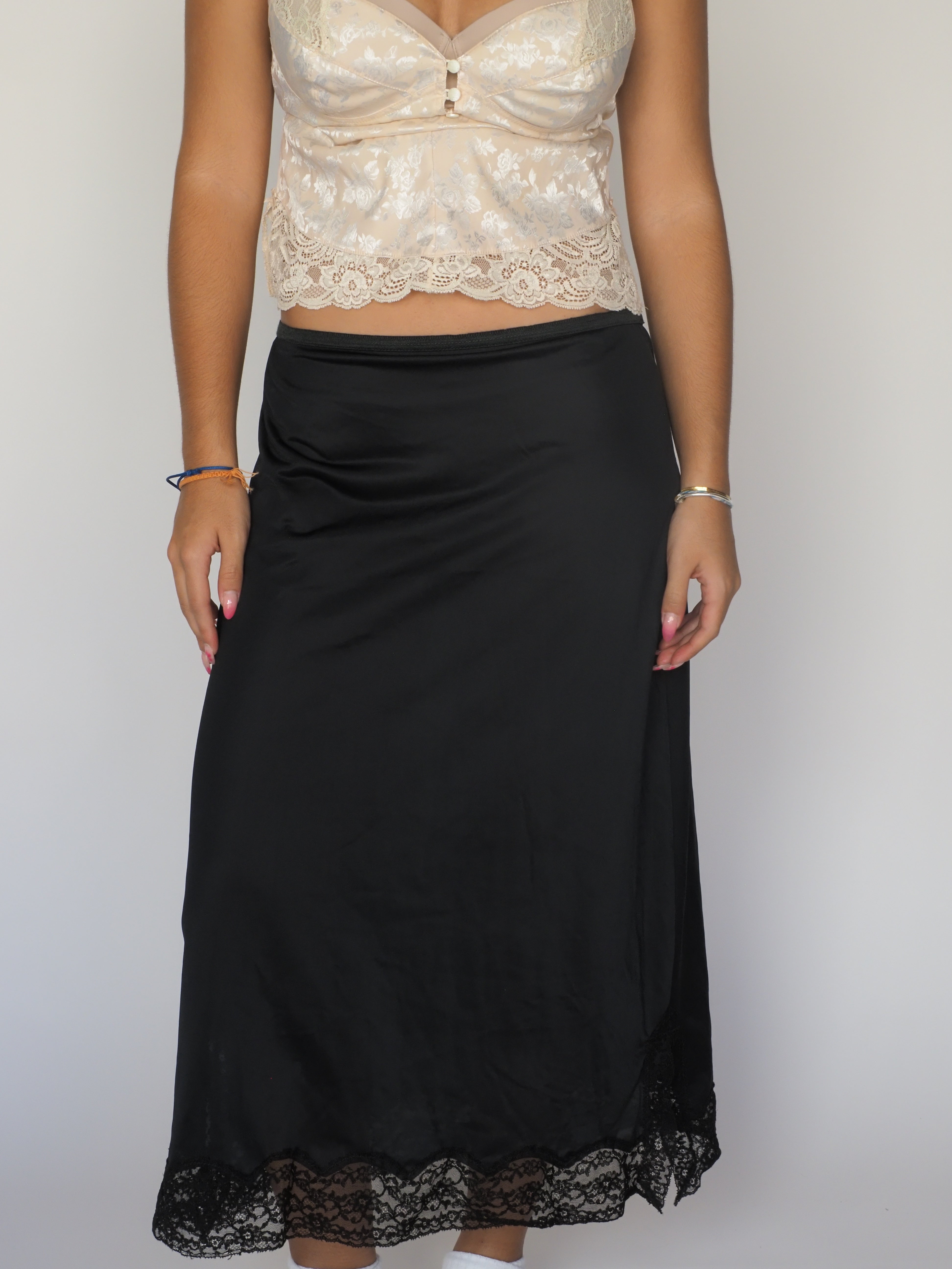 Black Satin Maxi Slip Skirt with Lace Hem – Lorainne