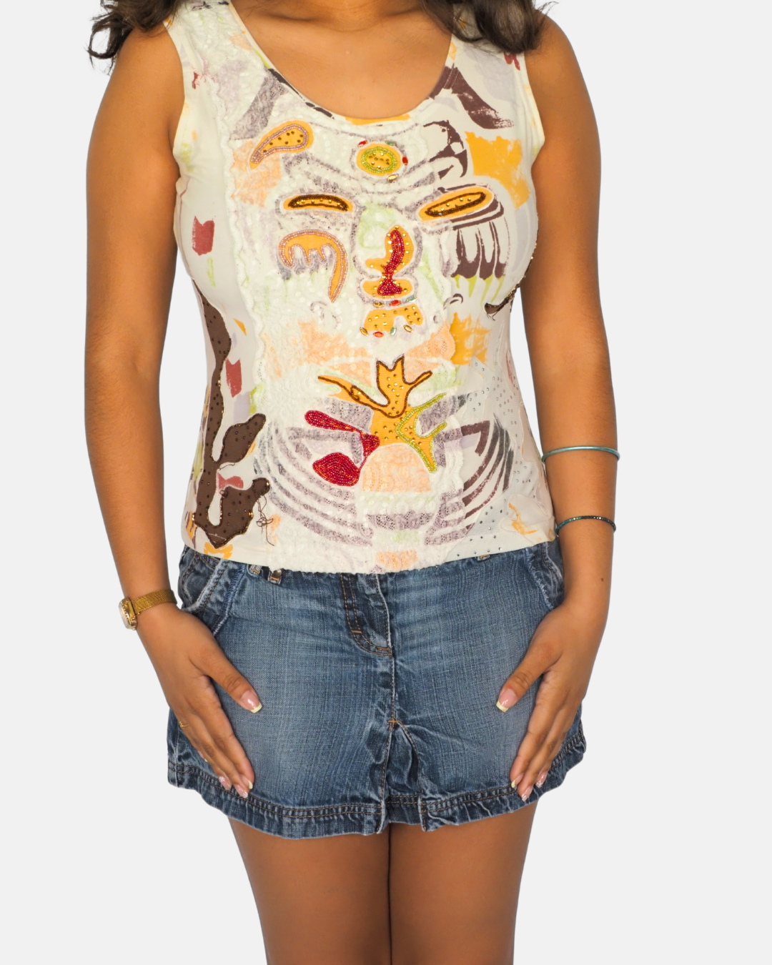 Vintage Abstract Face Beaded Graphic Y2K Tank Top