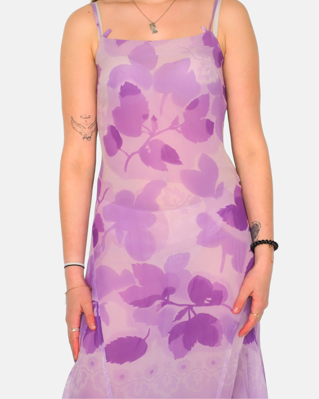 Klandestine Vintage Purple Floral Sheer Asymmetrical Midi Dress