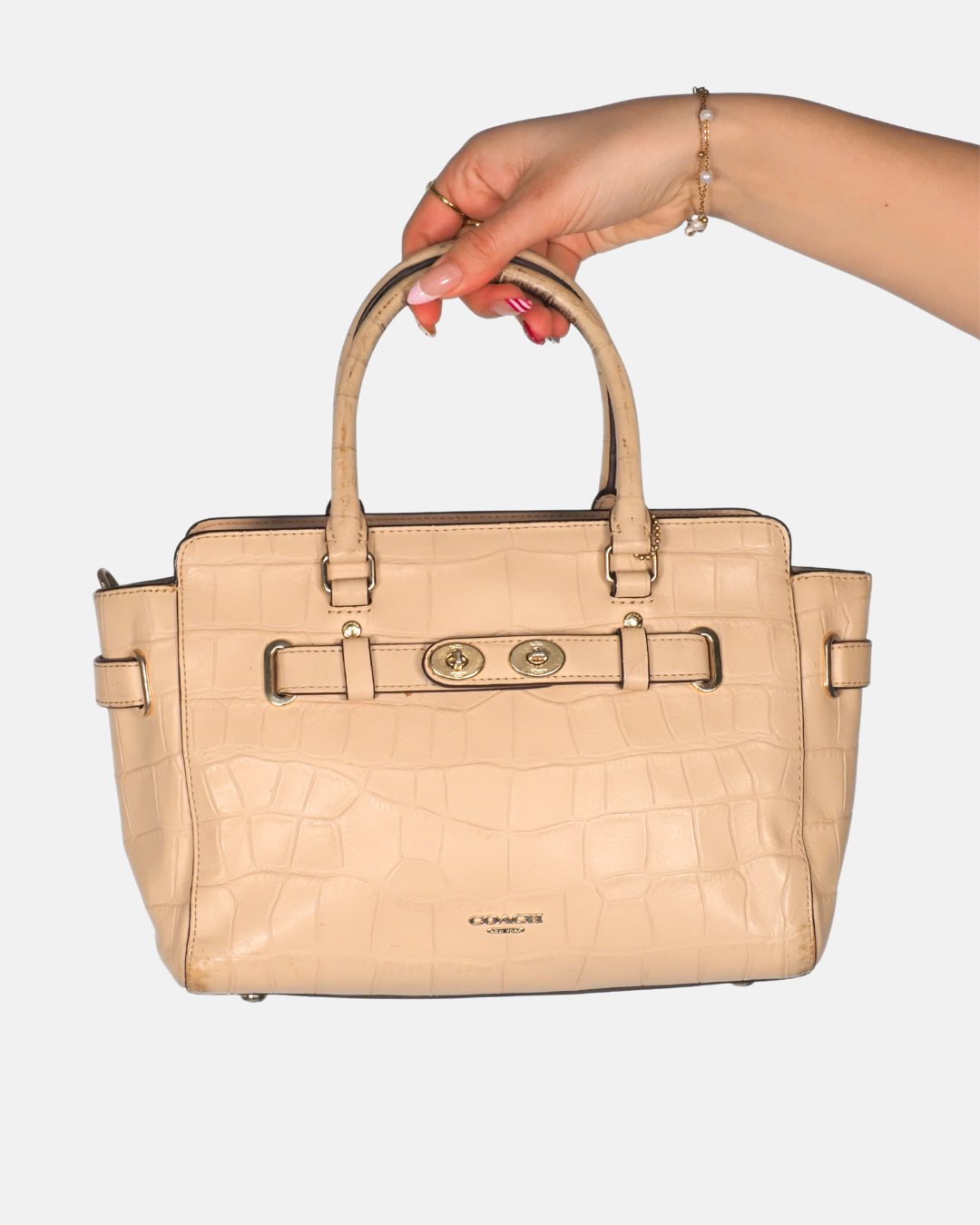 Coach Croc-Embossed Leather Turnlock Satchel in Nude Beige