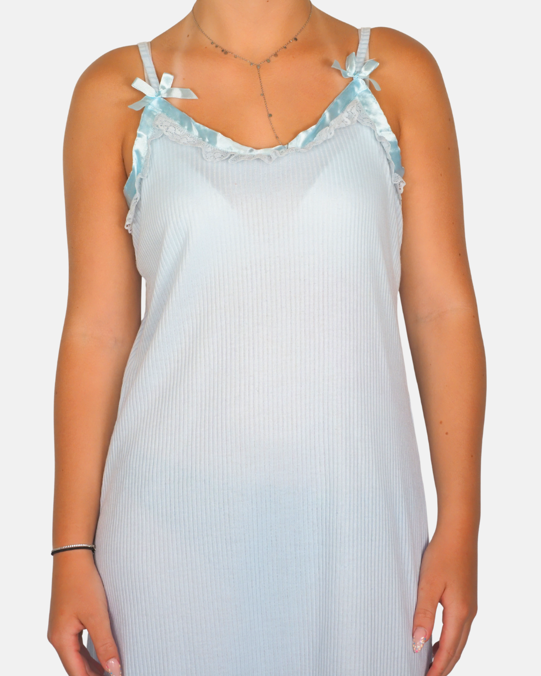 Baby Blue Ribbon Trim Midi Dress