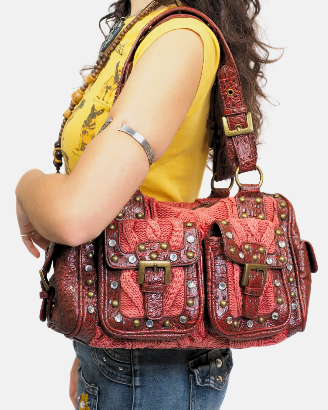 Vintage Y2K Burgundy Knit Studded Utility Handbag