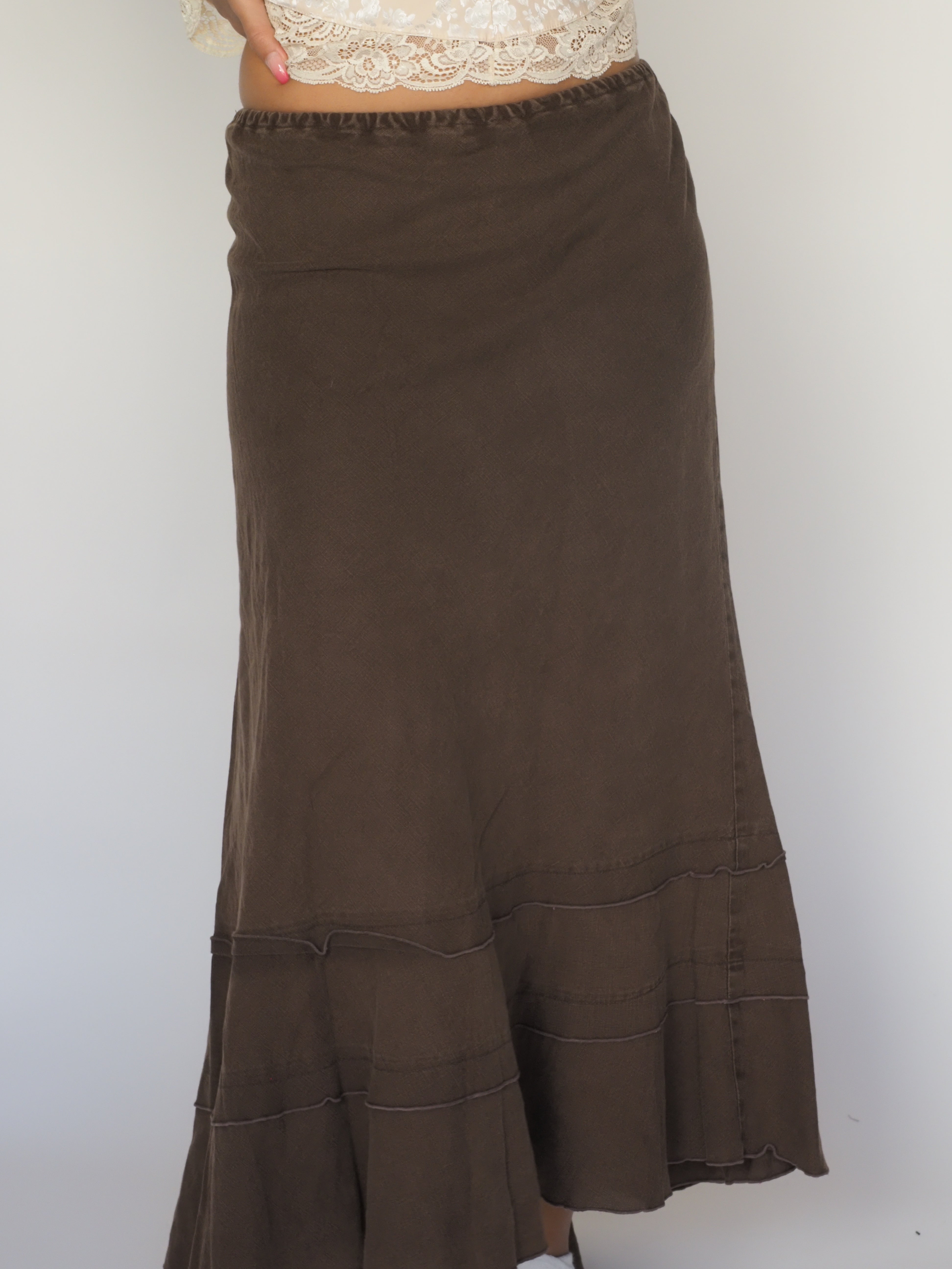 Chocolate Brown Tiered Hem Maxi Skirt