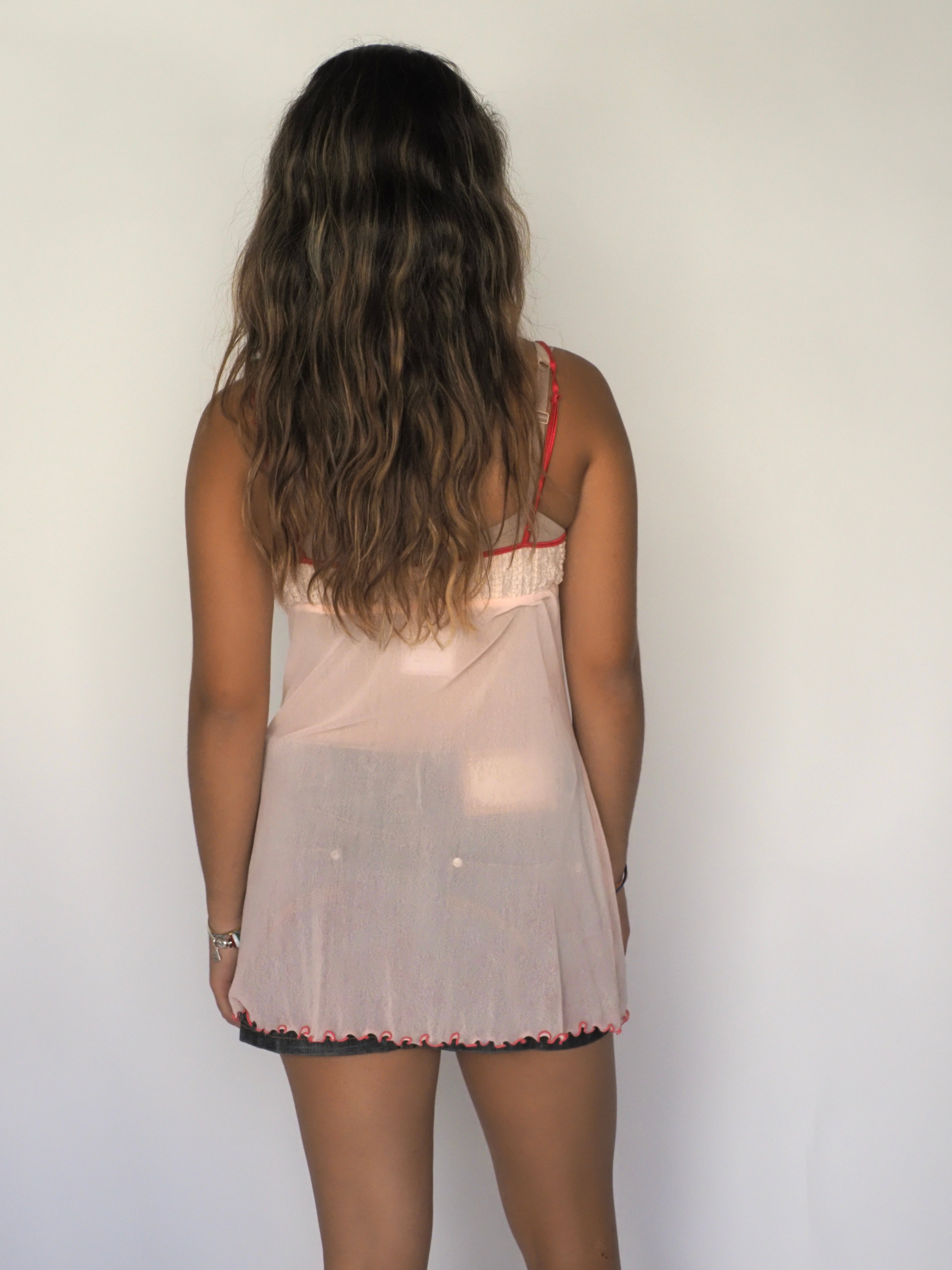 Victoria’s Secret Sheer Pink Babydoll with Red Trim