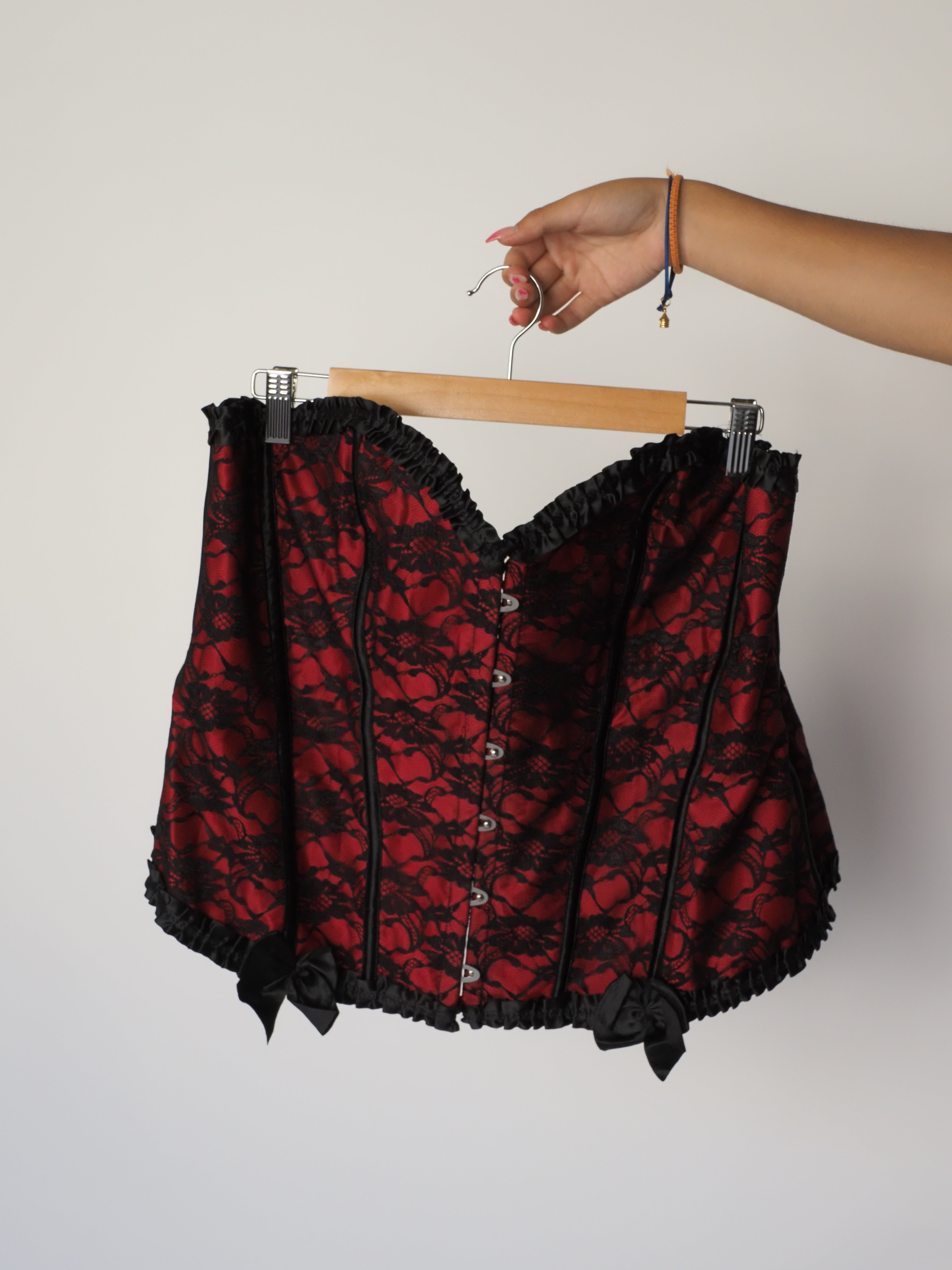 Red Satin & Black Lace Boned Corset with Bow Detail
