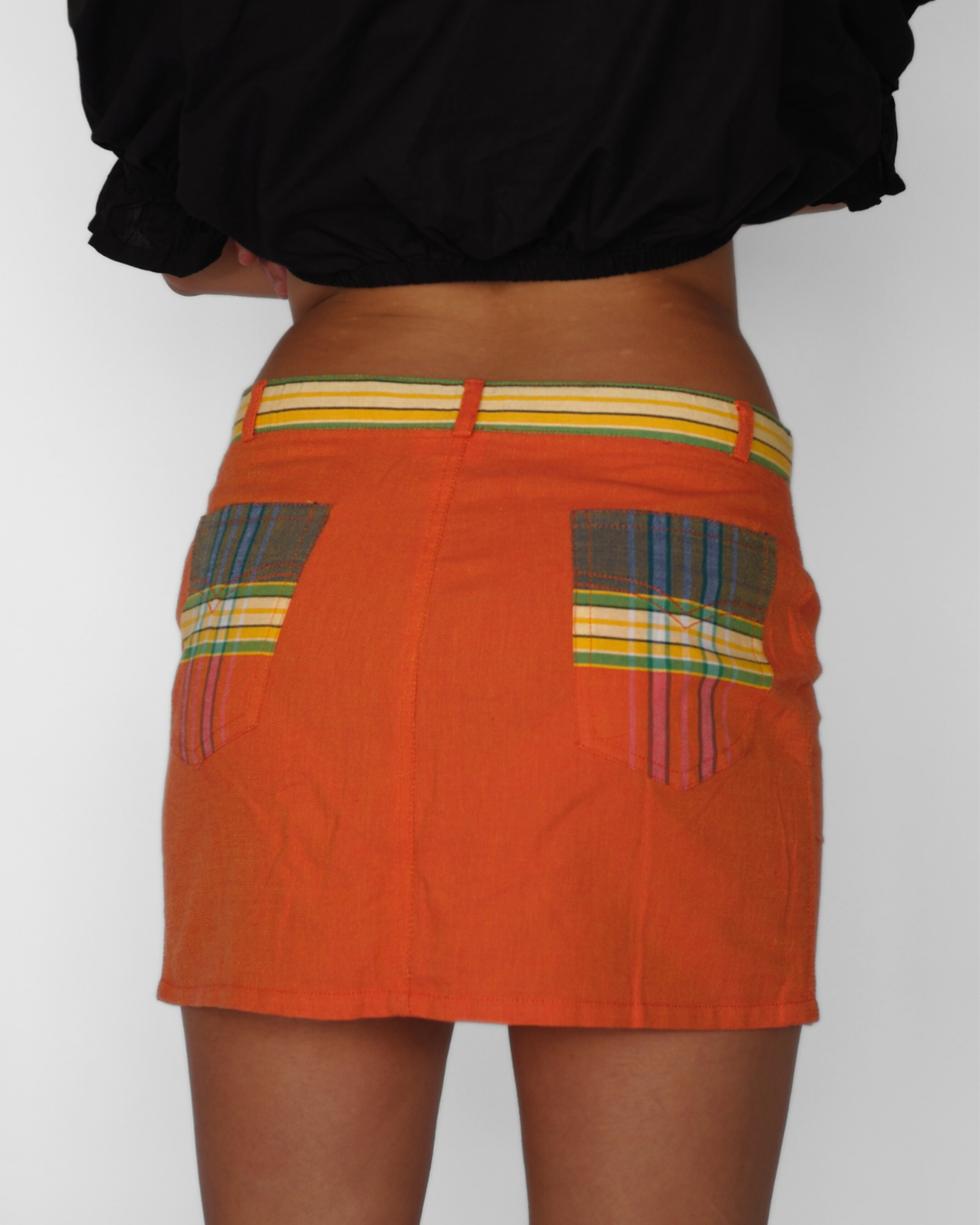 Orange 100% Cotton Mini Skirt with Multicolor Striped Waistband & Plaid Patch Pockets
