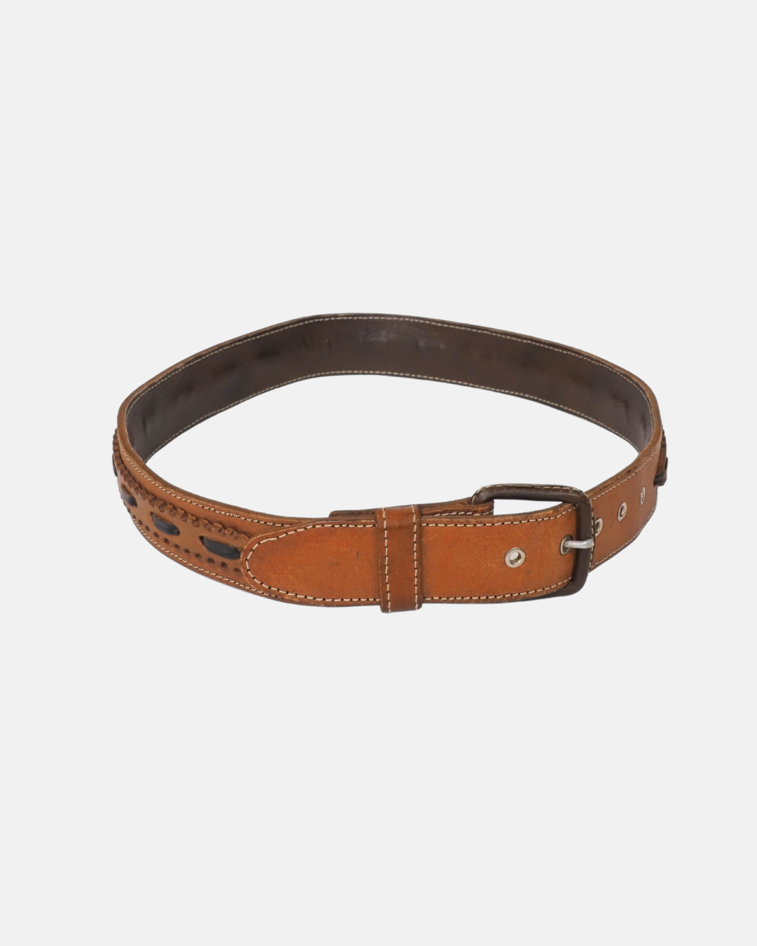Vintage Leather Belt with Whipstitch Detail and Silver Eyelet Hardware