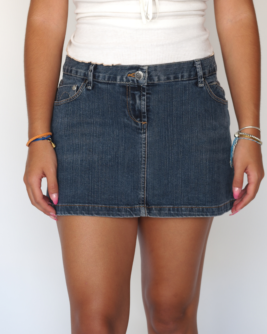 Vintage Pimkie Dark-Wash Denim Mini Skirt – Low-Rise A-Line with Front Seam & Belt Loops