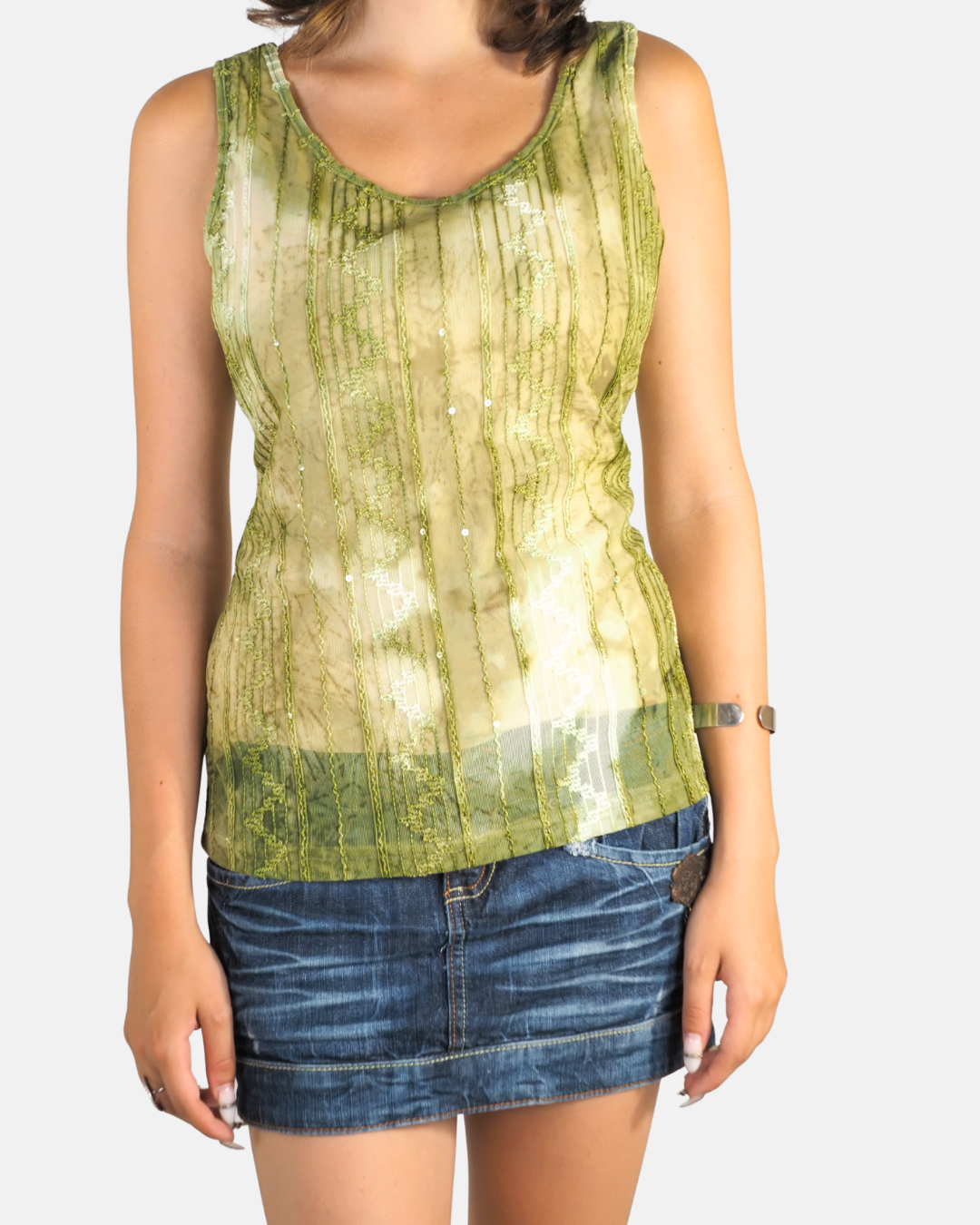 Olive Green Sheer Embellished Mesh Top - KIST