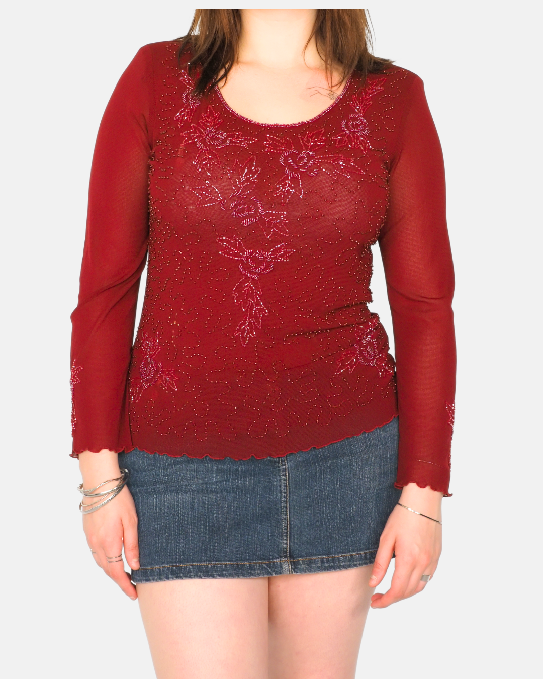 Wangli Red Sheer Embellished Mesh Top