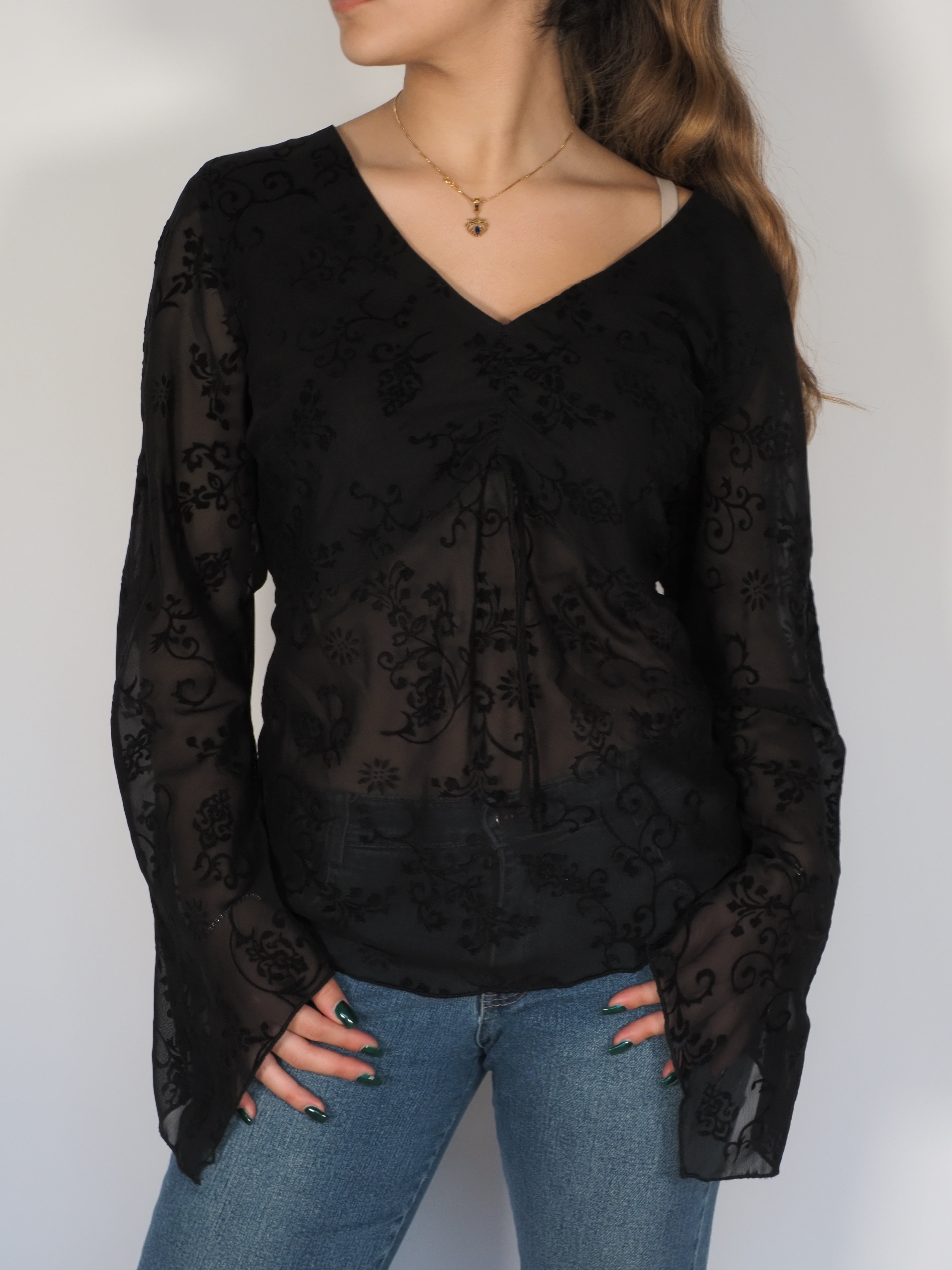 Black Flocked Sheer Blouse – MXM