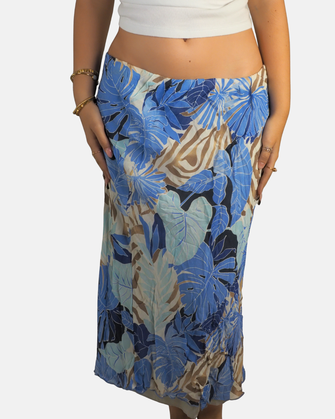 Blue Tropical Leaf Low-Rise Midi Skirt