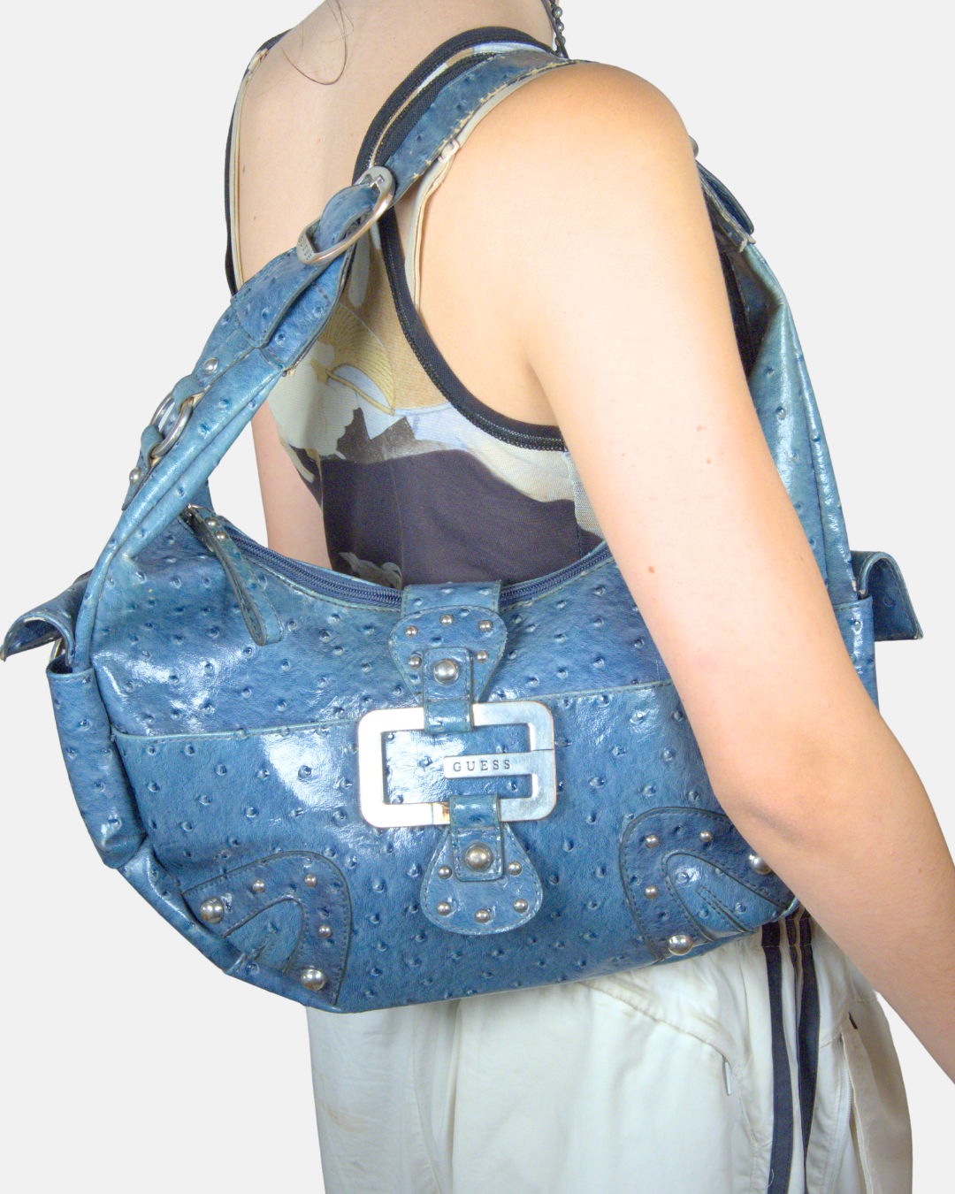Guess Blue Ostrich-Embossed Shoulder Bag