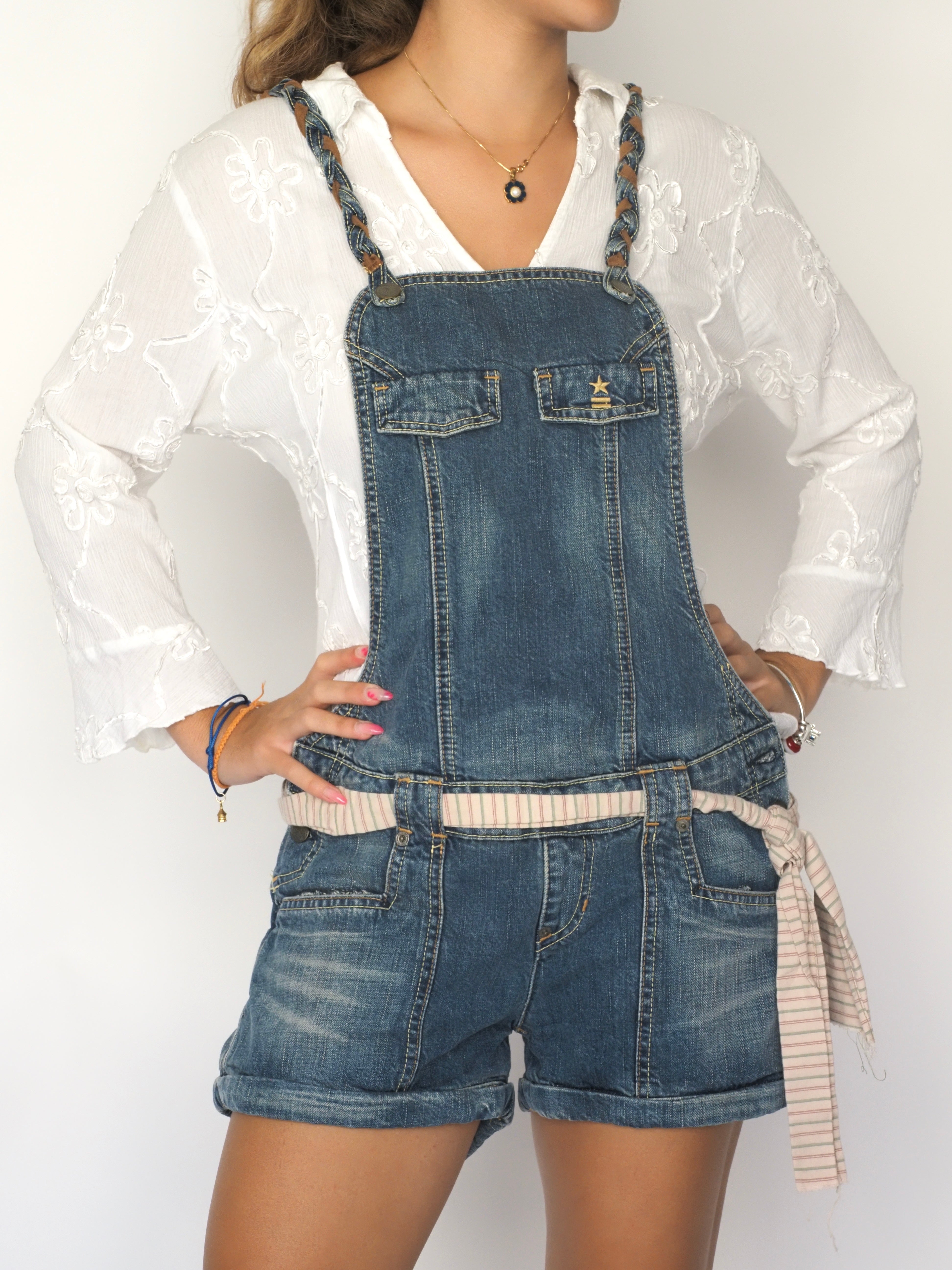 Braided Strap Denim Short Dungarees with Belt – Uniform