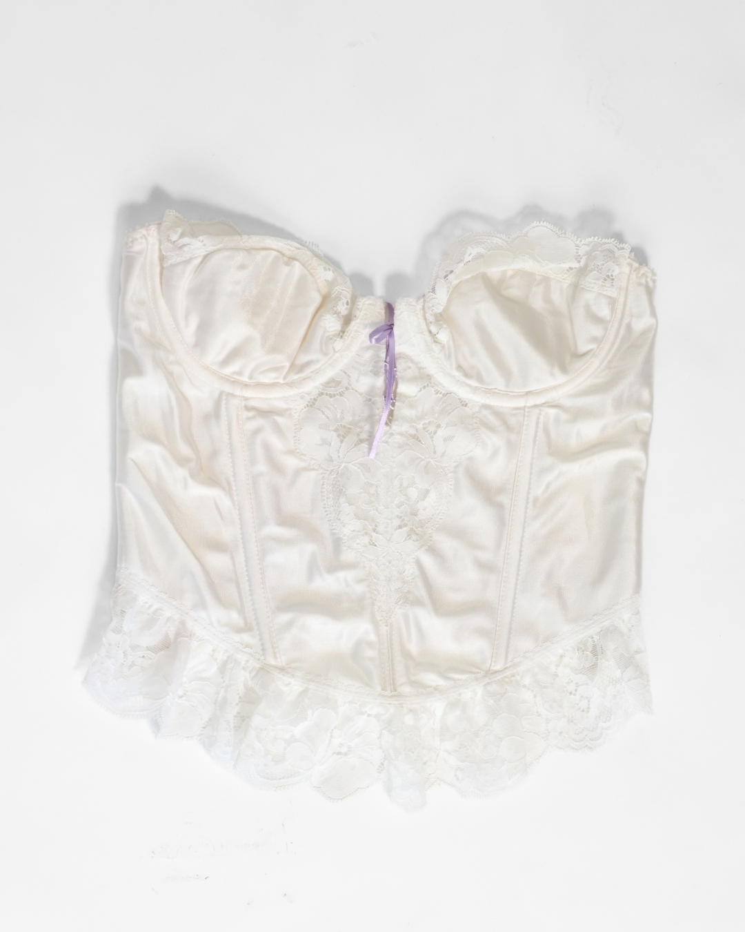 Ivory Satin & Lace Bustier Corset Top with Ruffle Hem